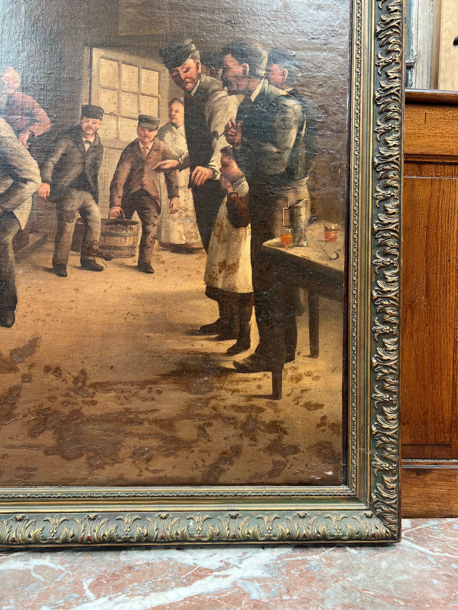 Fin du XIXe siècle Grande peinture à l'huile de scène de genre du 19e siècle - 