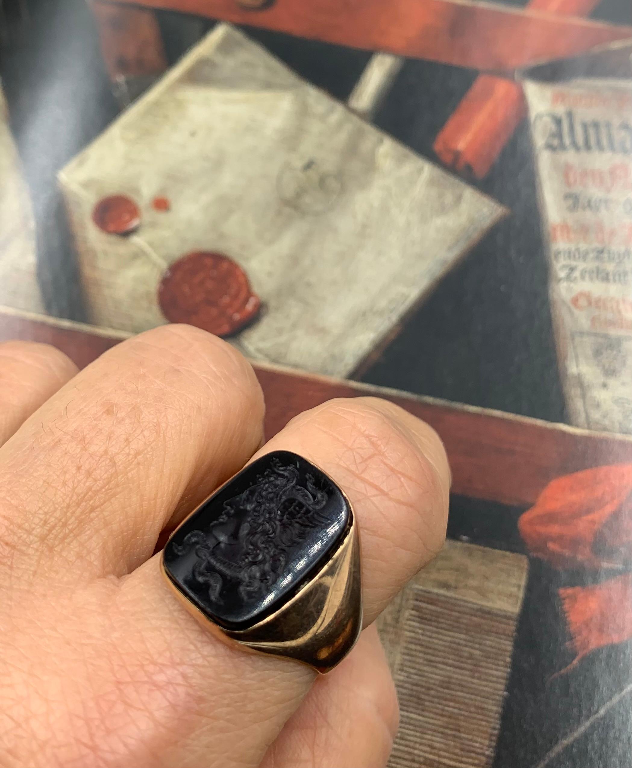 Impressive Georgian period 14K yellow gold onyx intaglio signet ring depicting Medusa.
Early 19th Century
The story of Medusa is one of the best known in Greek mythology. It is most appropriate that her image appears on a Georgian era signet ring as