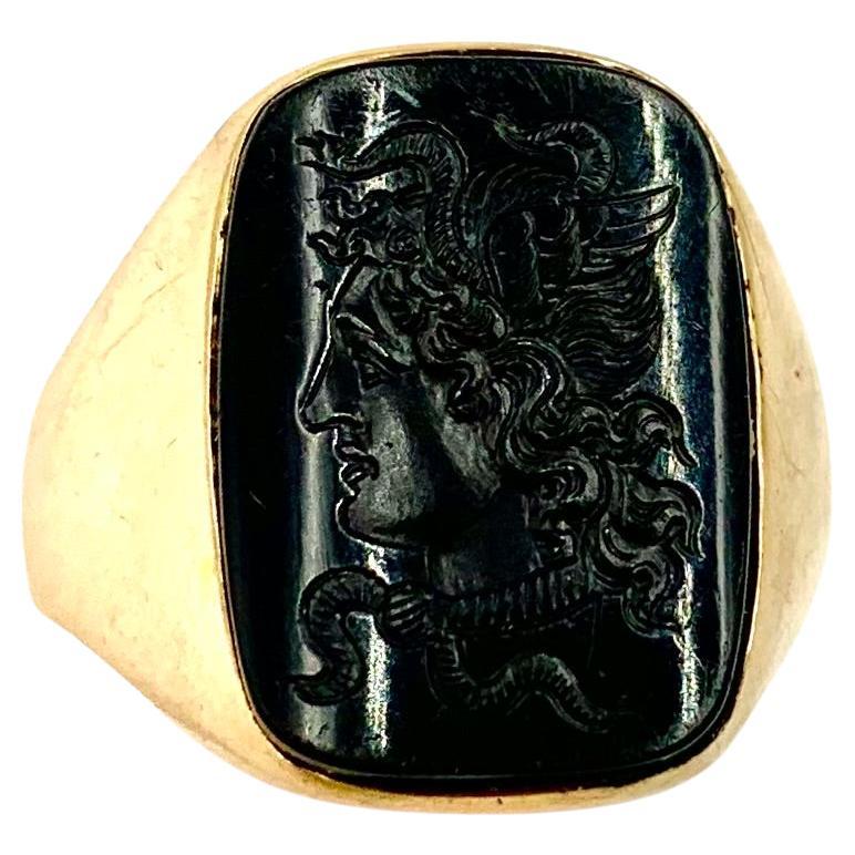 Large 19th Century Georgian 14K Yellow Gold Onyx Intaglio Medusa Signet Ring