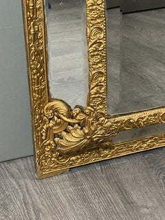 Large 19th Century Gilded Metal Wall Mirror, Ornate Pediment Design