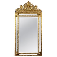 Large 19th Century Gilded Metal Wall Mirror, Ornate Pediment Design