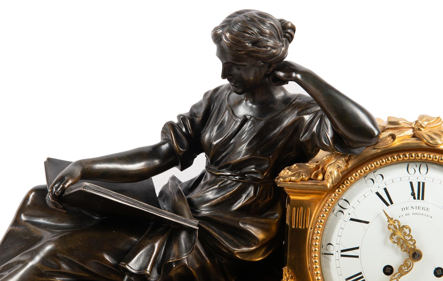 A large and impressive 19th century gilded ormolu and bronze Louis XVI style clock garniture, having a reclined classical lady reading, next to a white enamel clock face with an eight day chiming clock, signed Deniere, Paris. Raised on a base with