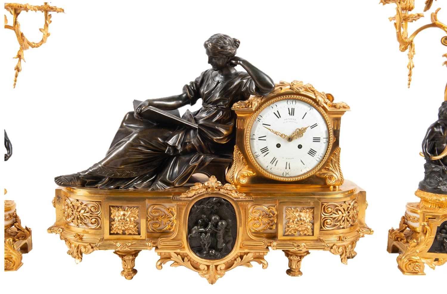 Großes Uhrenset aus vergoldeter Goldbronze und Bronze aus dem 19. Jahrhundert, von Deniere, Paris (Louis XIV.) im Angebot