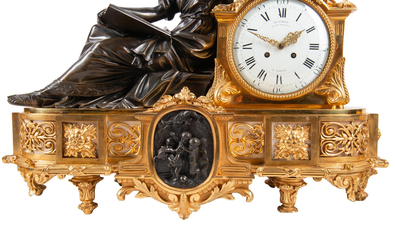 Gilt Large 19th Century Gilded Ormolu and Bronze Clock Set, by Deniere, Paris For Sale