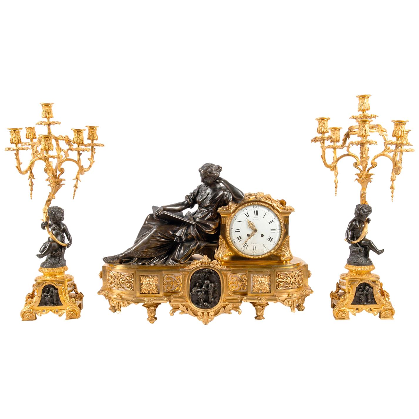 Large 19th Century Gilded Ormolu and Bronze Clock Set, by Deniere, Paris