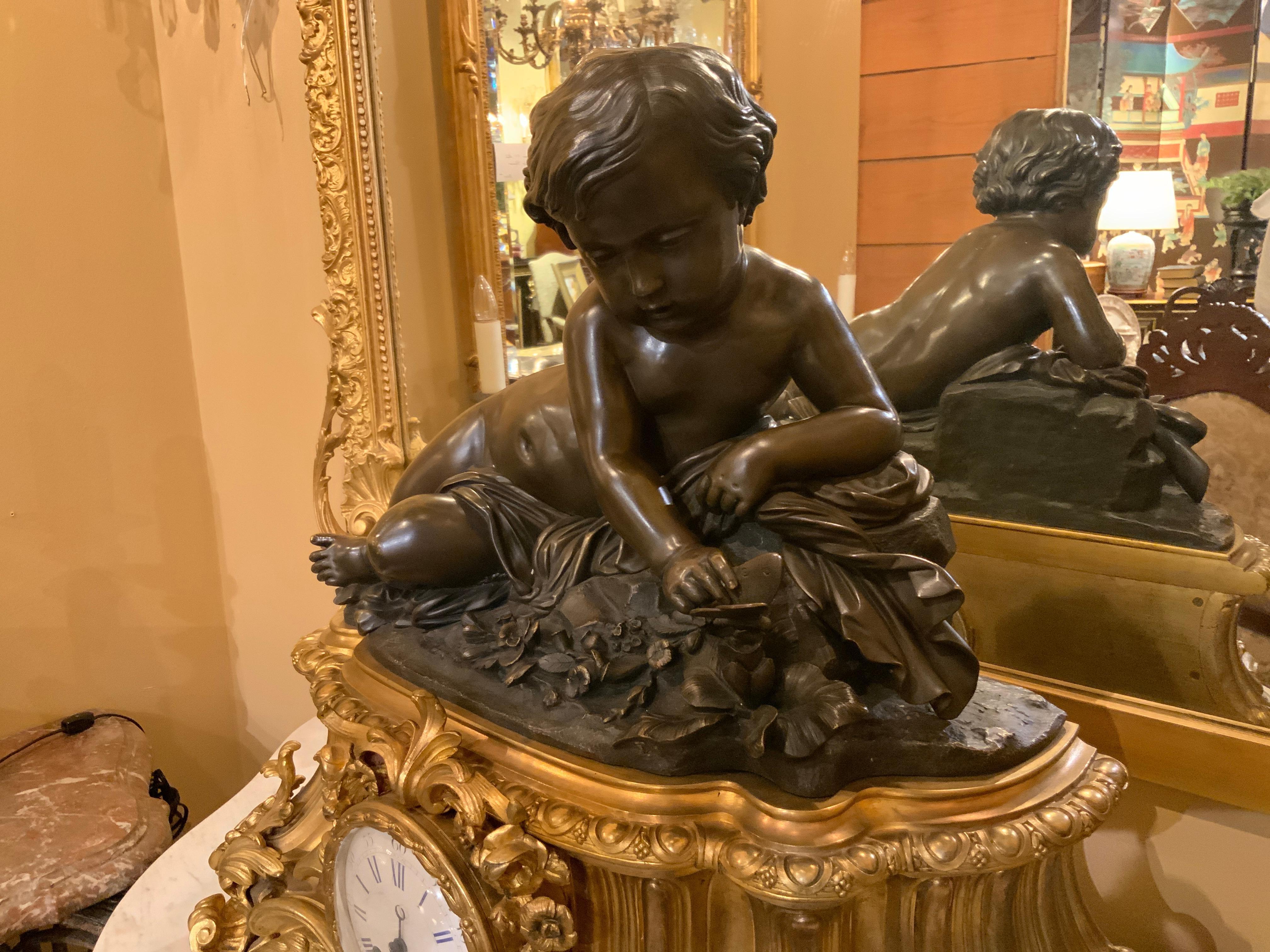 Large 19th Century Gilt Bronze Clock with Patinated Putto Mounted on the Top For Sale 7