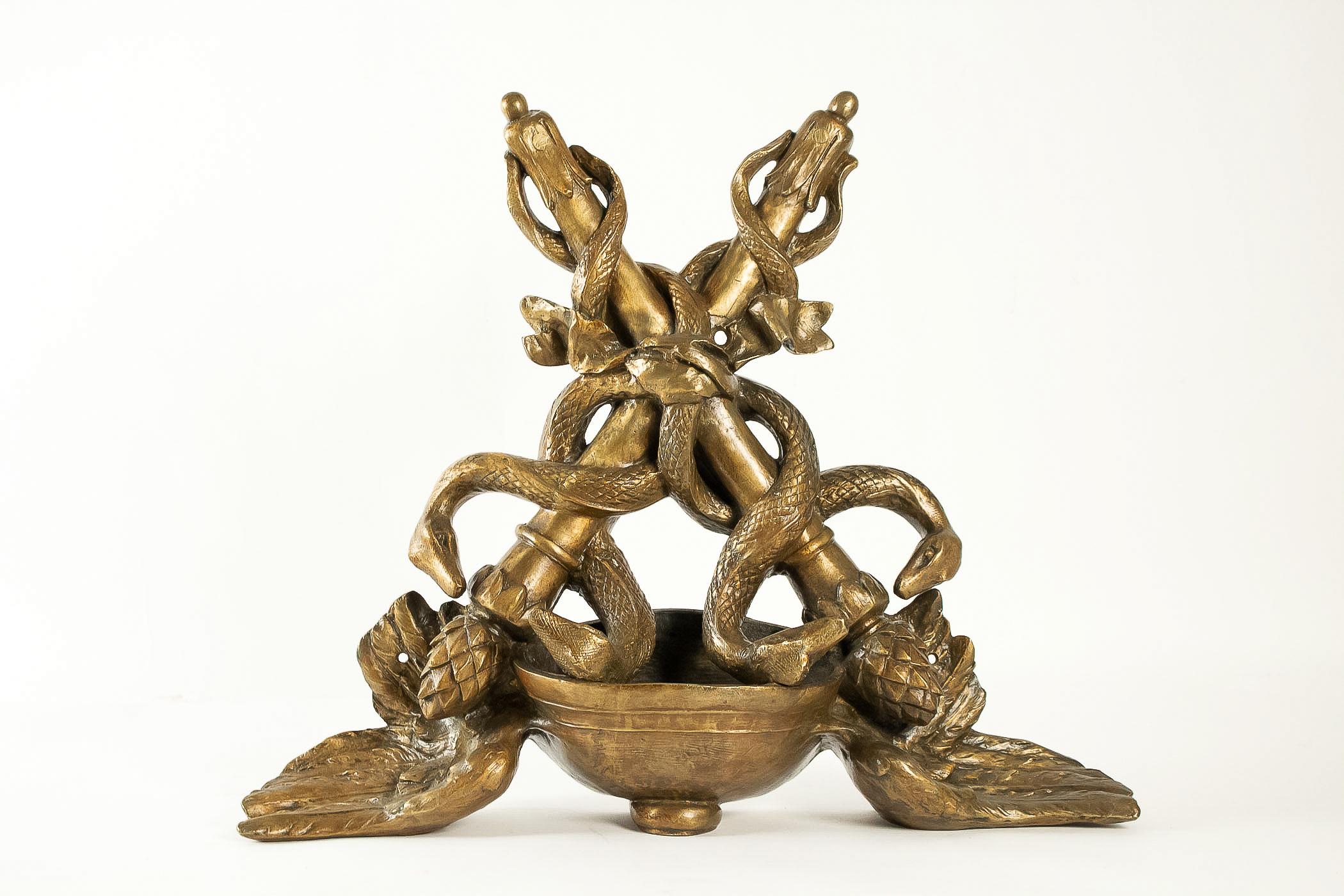 Much symbolism for this 19th century caduceus in gilt bronze finely chiseled, coming from an old pharmacy of the city of Chateau-Thierry, the town of Jean de La Fontaine (La Fontaine Fables), the famous French 17th century writer.

An atypical and