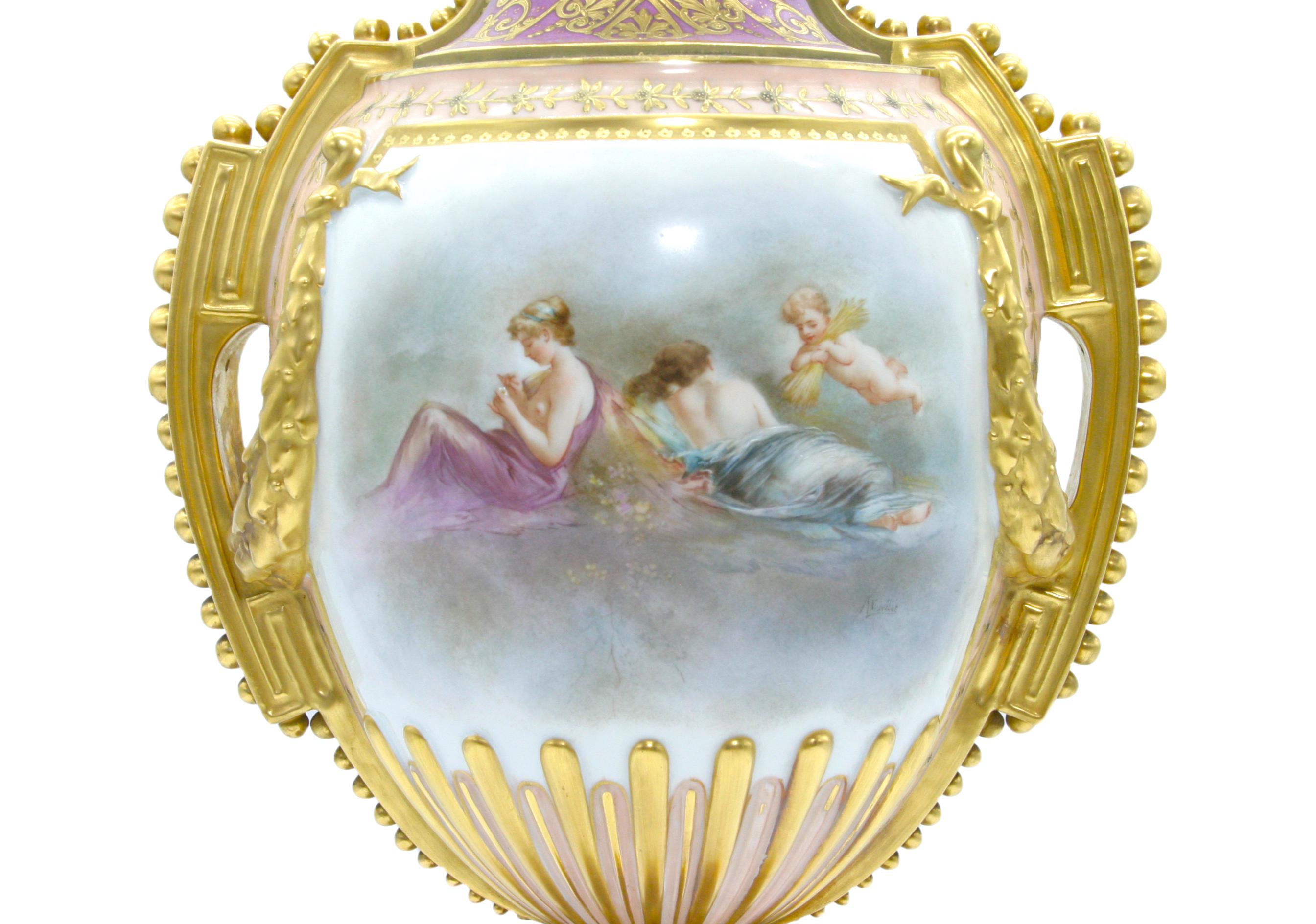 Large 19th Century Gilt/ Painted Porcelain Pair Urn For Sale 4