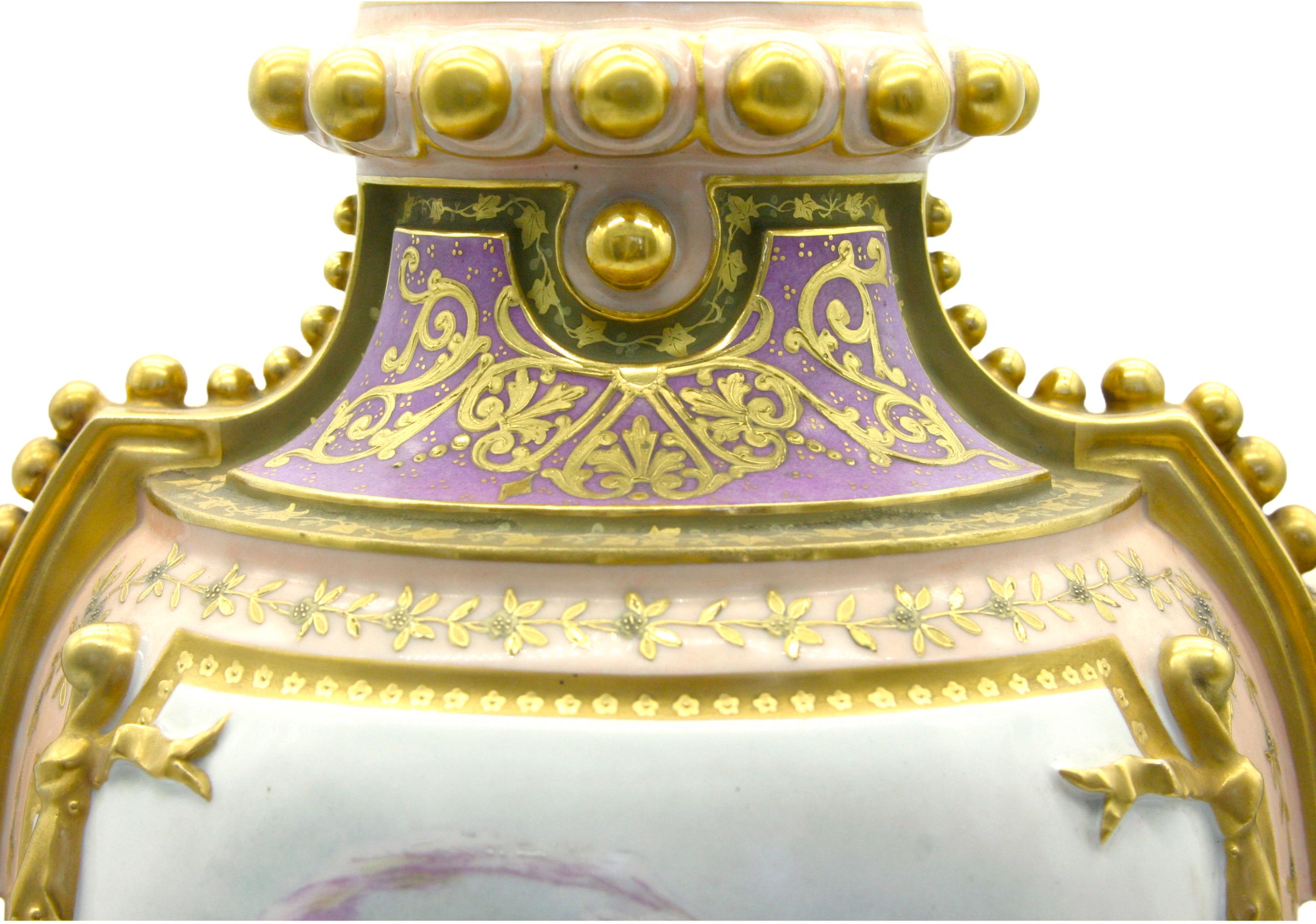 Large 19th Century Gilt/ Painted Porcelain Pair Urn For Sale 7