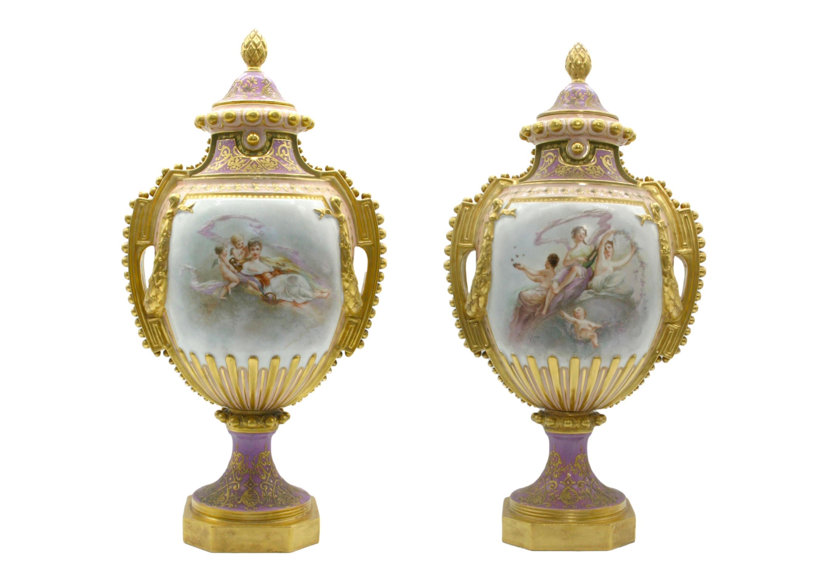 Large 19th Century Gilt/ Painted Porcelain Pair Urn For Sale 14