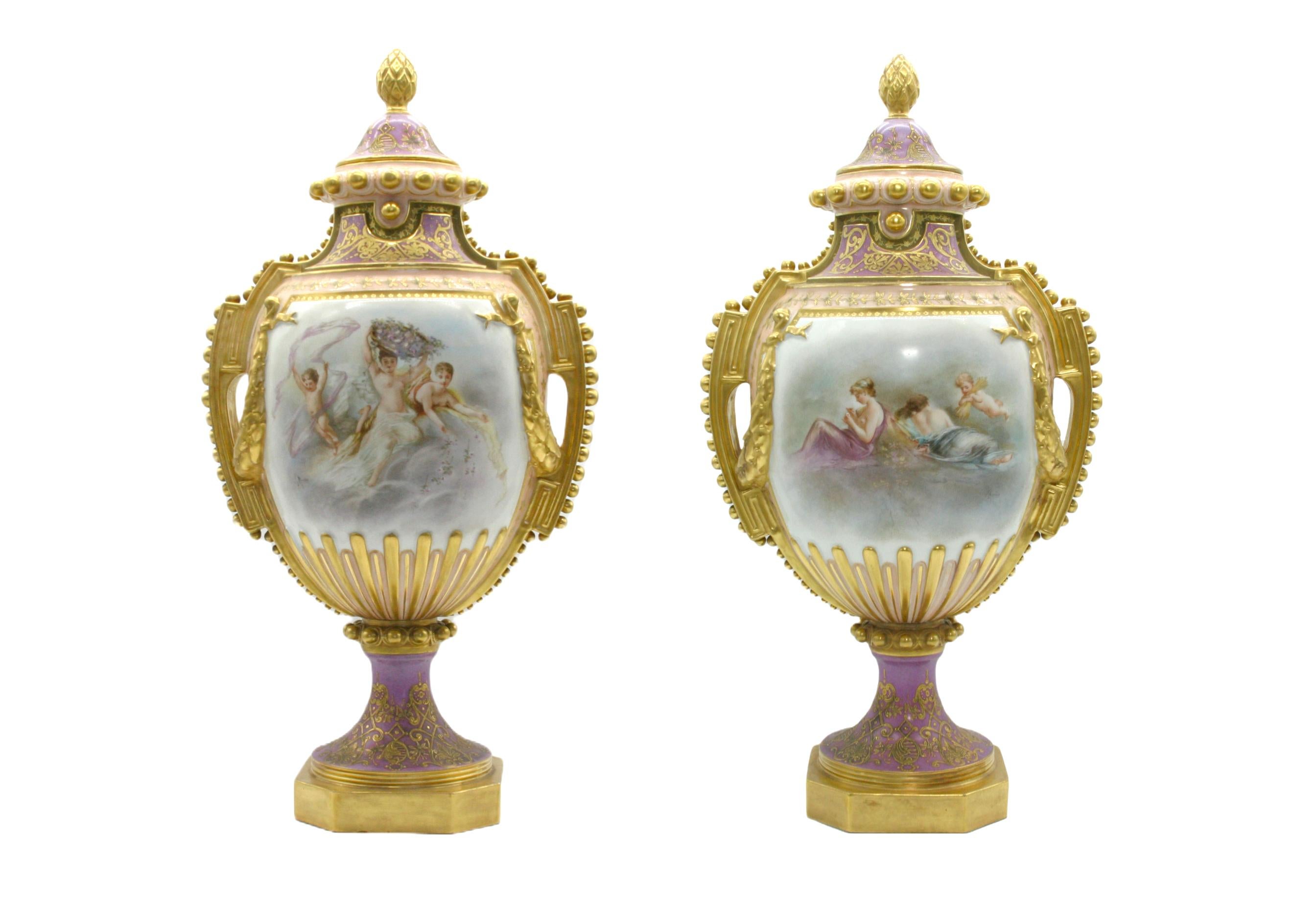 French Large 19th Century Gilt/ Painted Porcelain Pair Urn For Sale