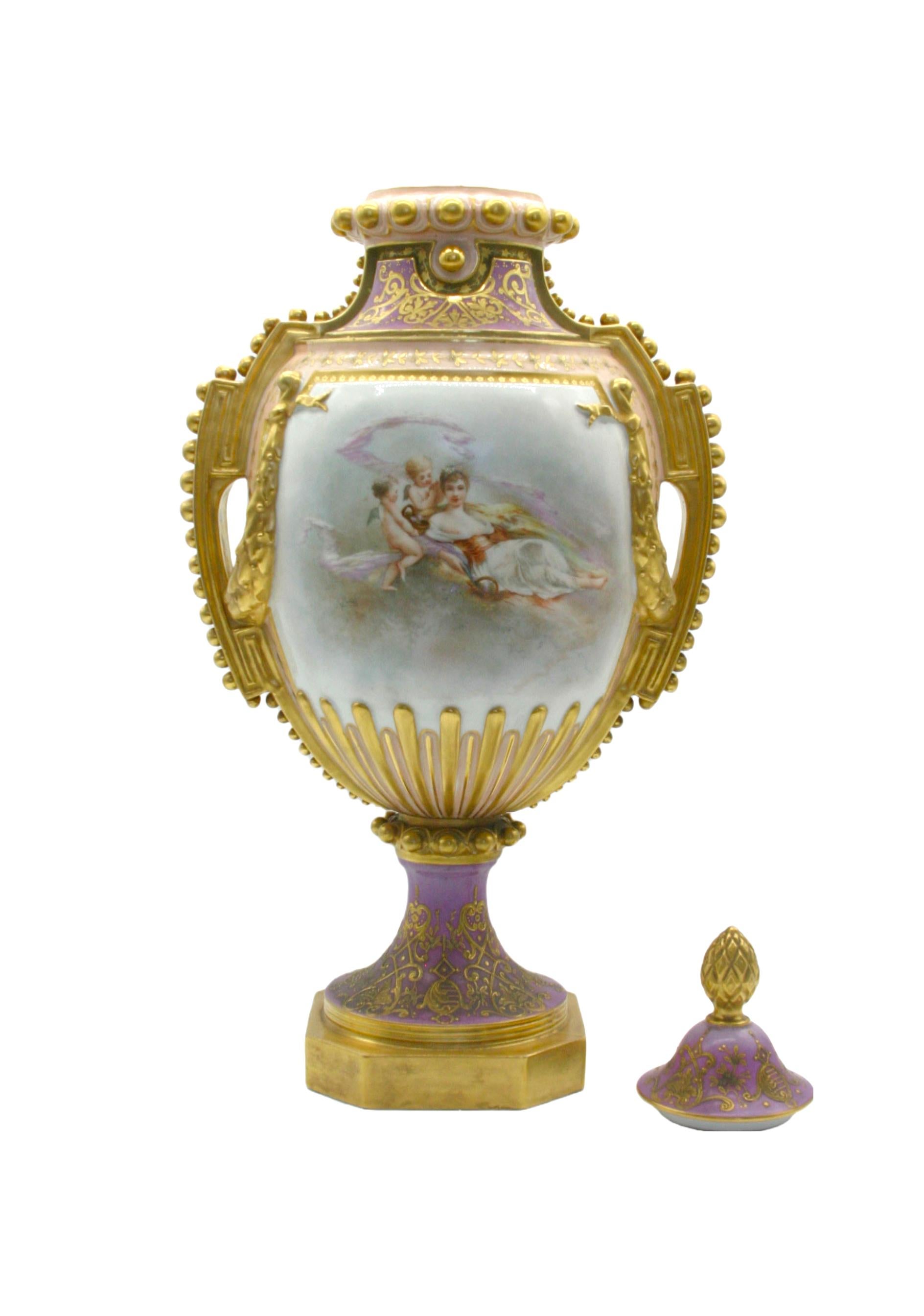Large 19th Century Gilt/ Painted Porcelain Pair Urn In Good Condition For Sale In Tarry Town, NY