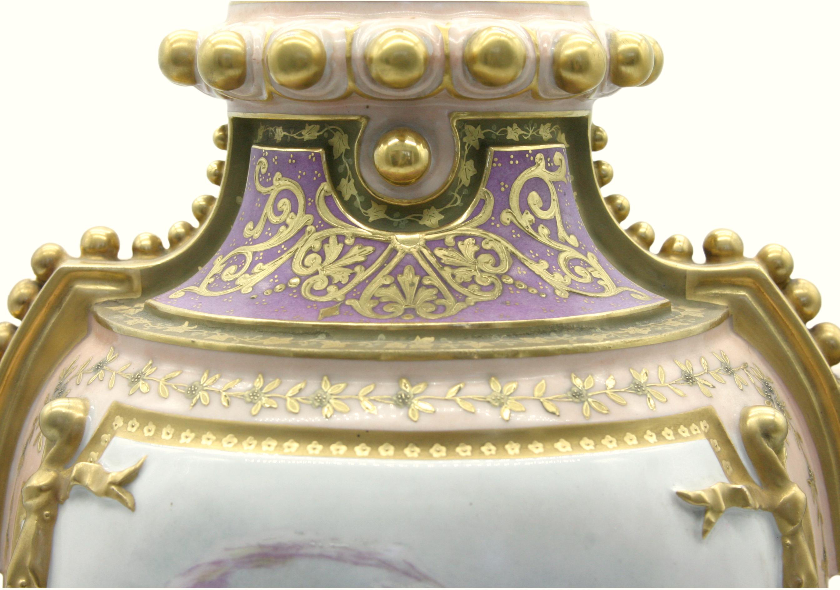 Early 19th Century Large 19th Century Gilt/ Painted Porcelain Pair Urn For Sale