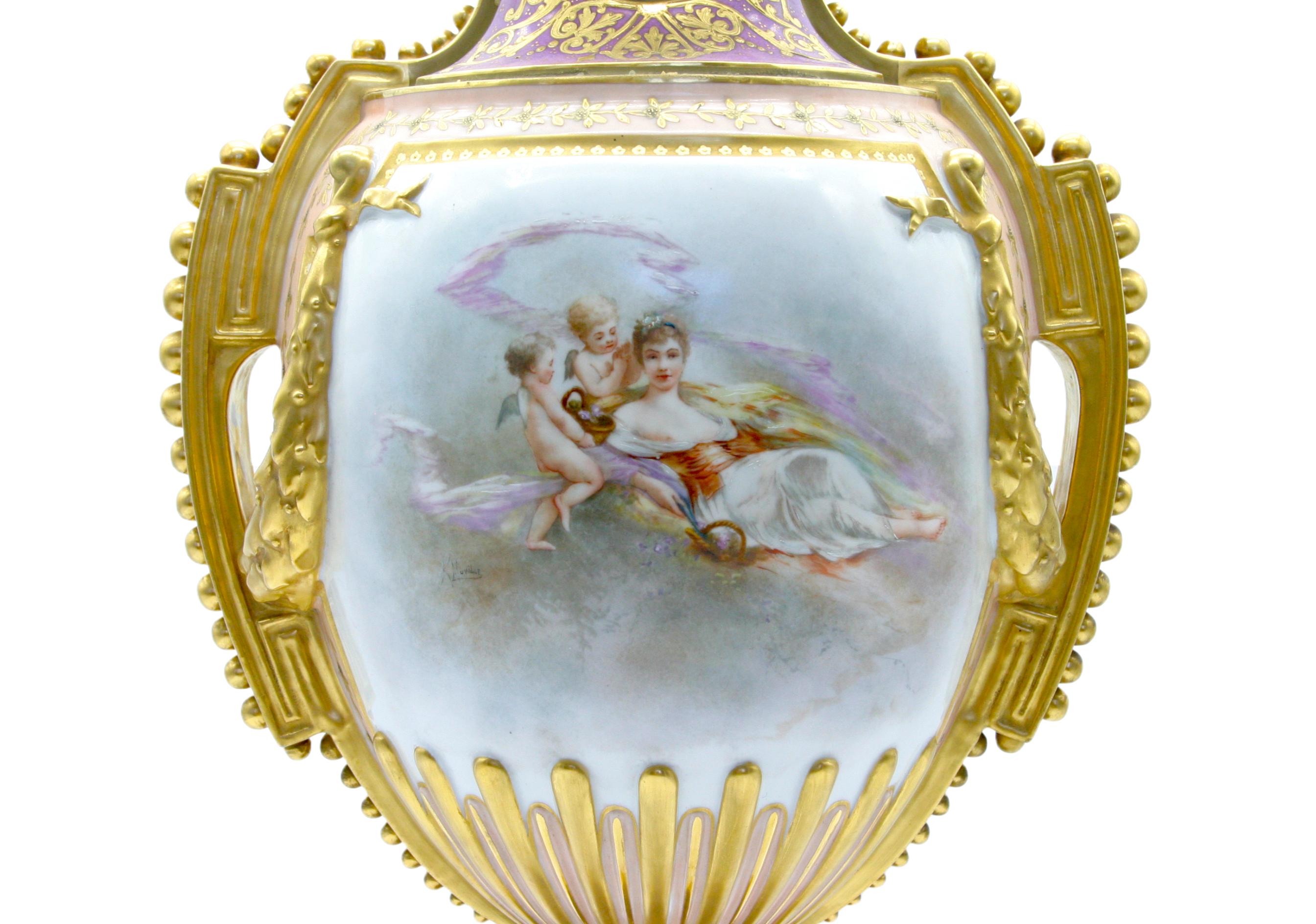 Large 19th Century Gilt/ Painted Porcelain Pair Urn For Sale 2