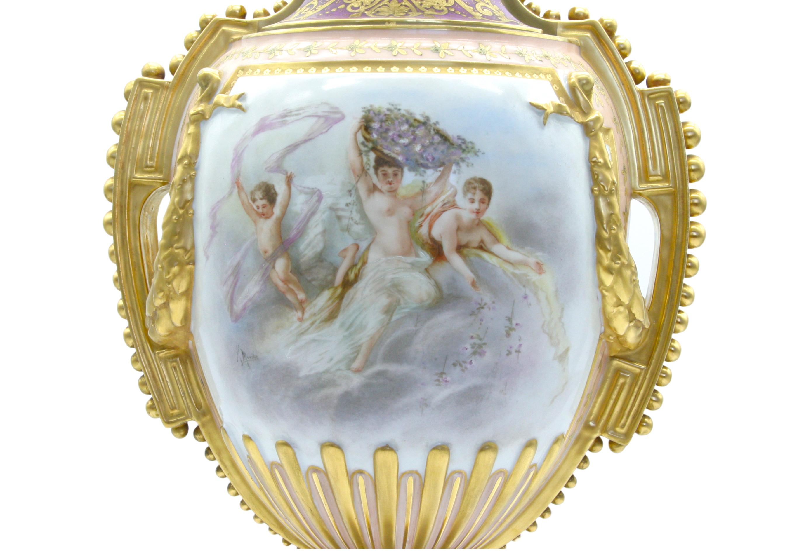 Large 19th Century Gilt/ Painted Porcelain Pair Urn For Sale 3
