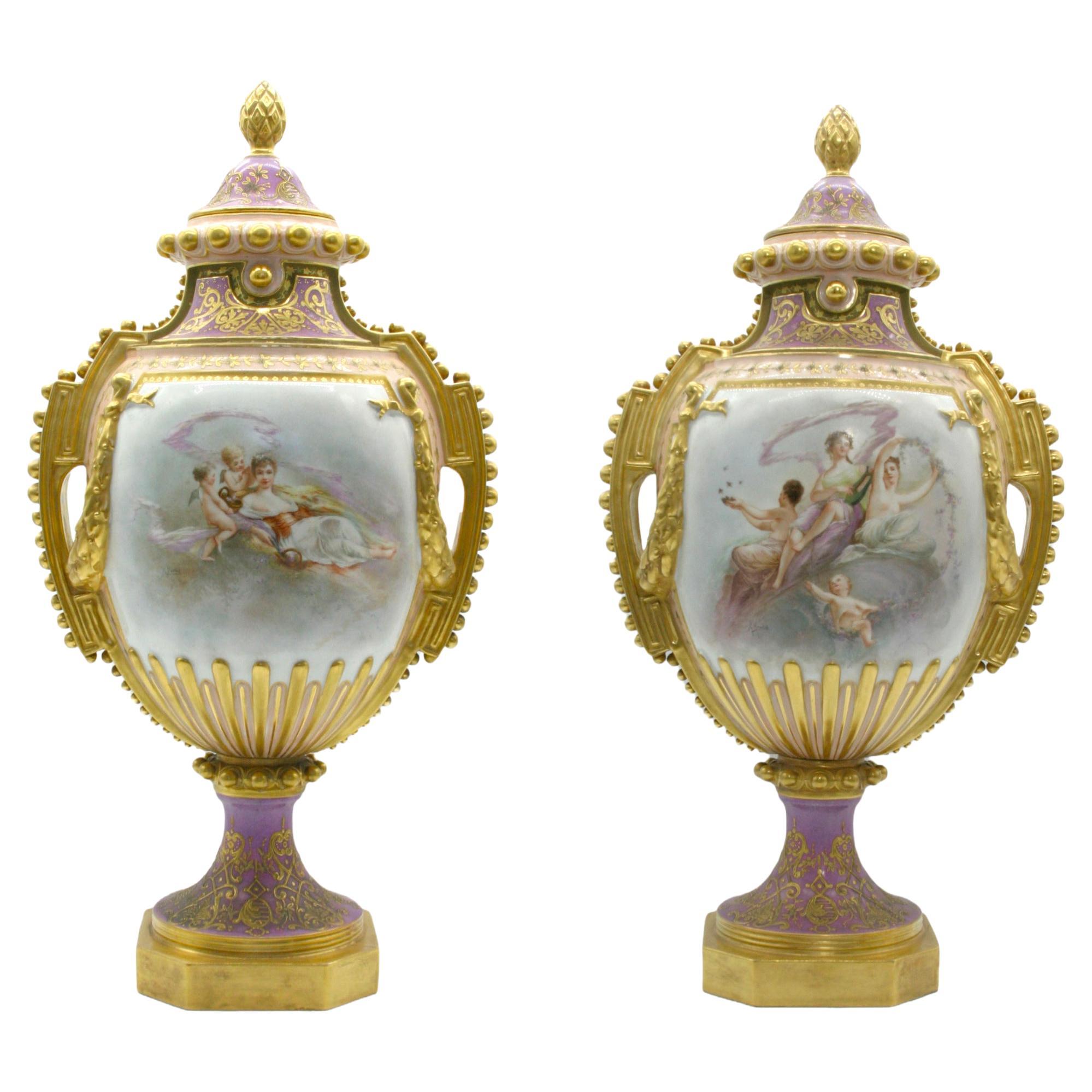 Large 19th Century Gilt/ Painted Porcelain Pair Urn
