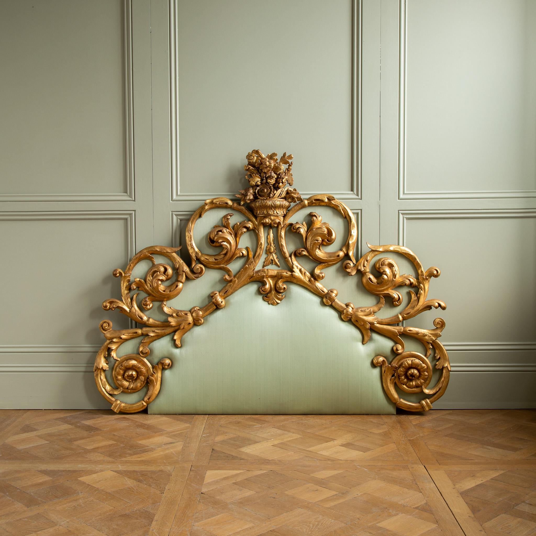From Italy, European home to master craftsmen, we have an original 19th century Venetian Headboard made originally for a grand Palazzo. The Rococo design of the frame is made of large, inward curving spirals which finish as stylised, acanthus