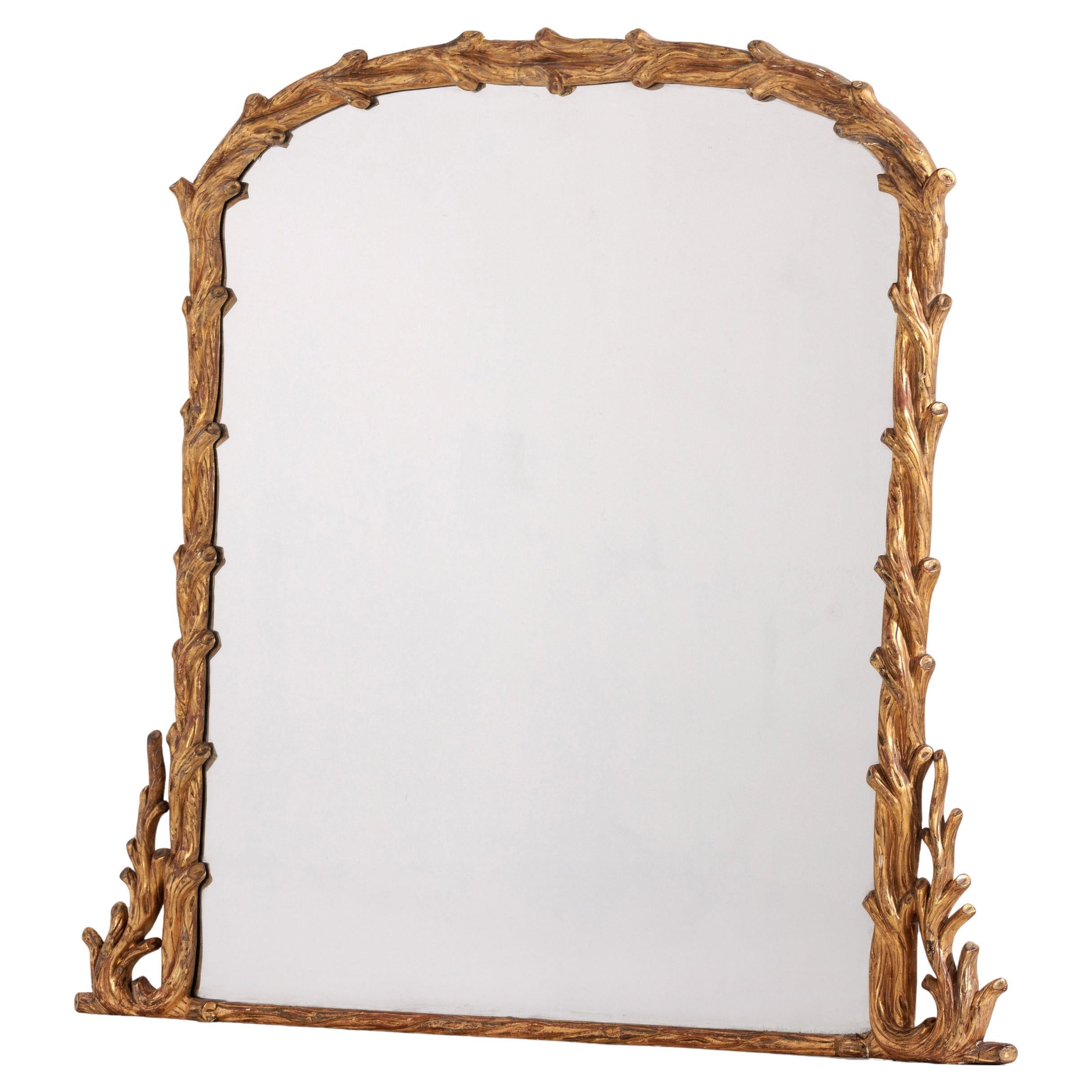 Large 19th Century Giltwood Faux Bois Overmantel Mirror with Original Mercury Gl