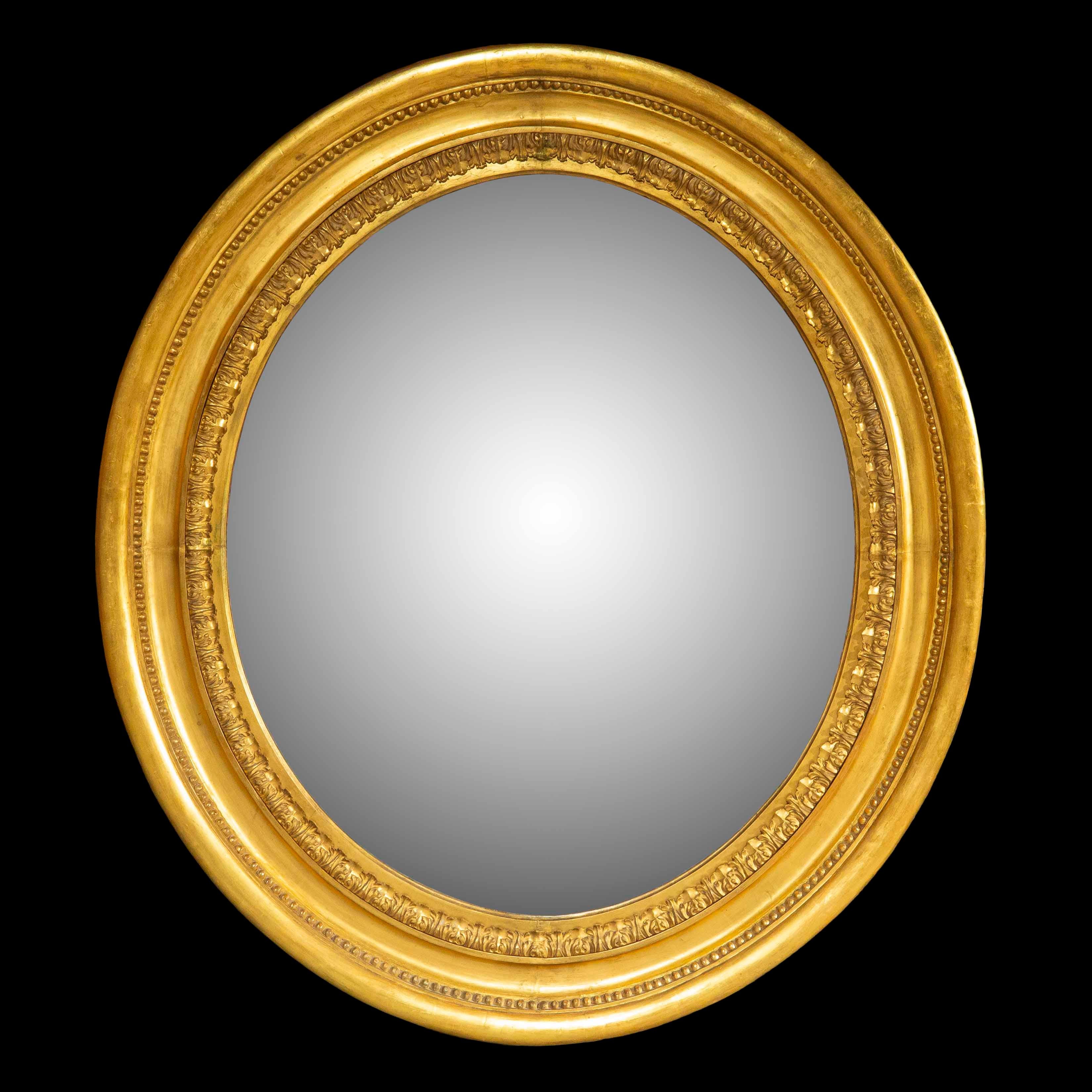 Grand miroir mural ovale en bois doré du XIXe siècle, C.I.C. en vente 2