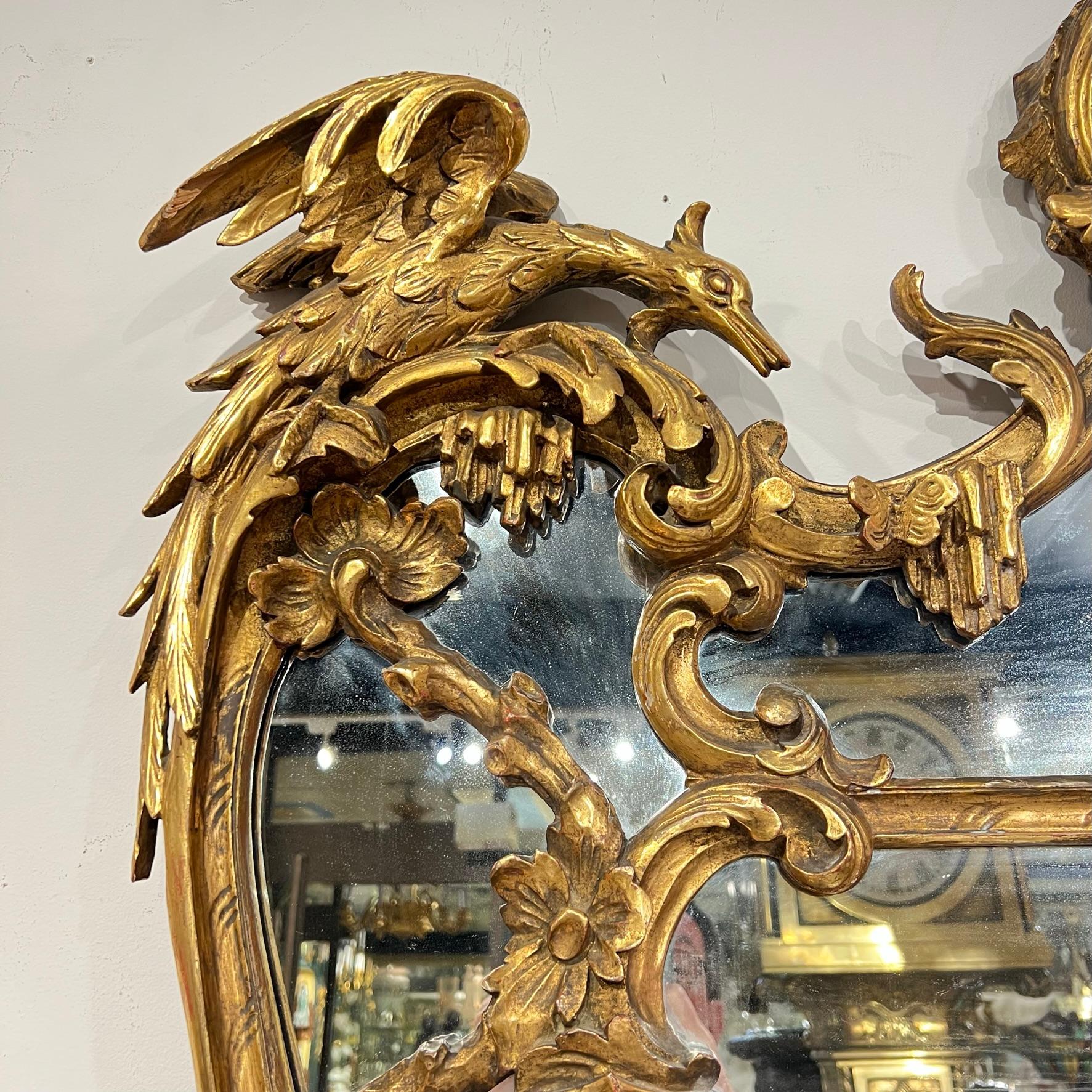 Hand-Carved Large 19th Century Giltwood Overmantel Mirror in Chinese Chippendale Style