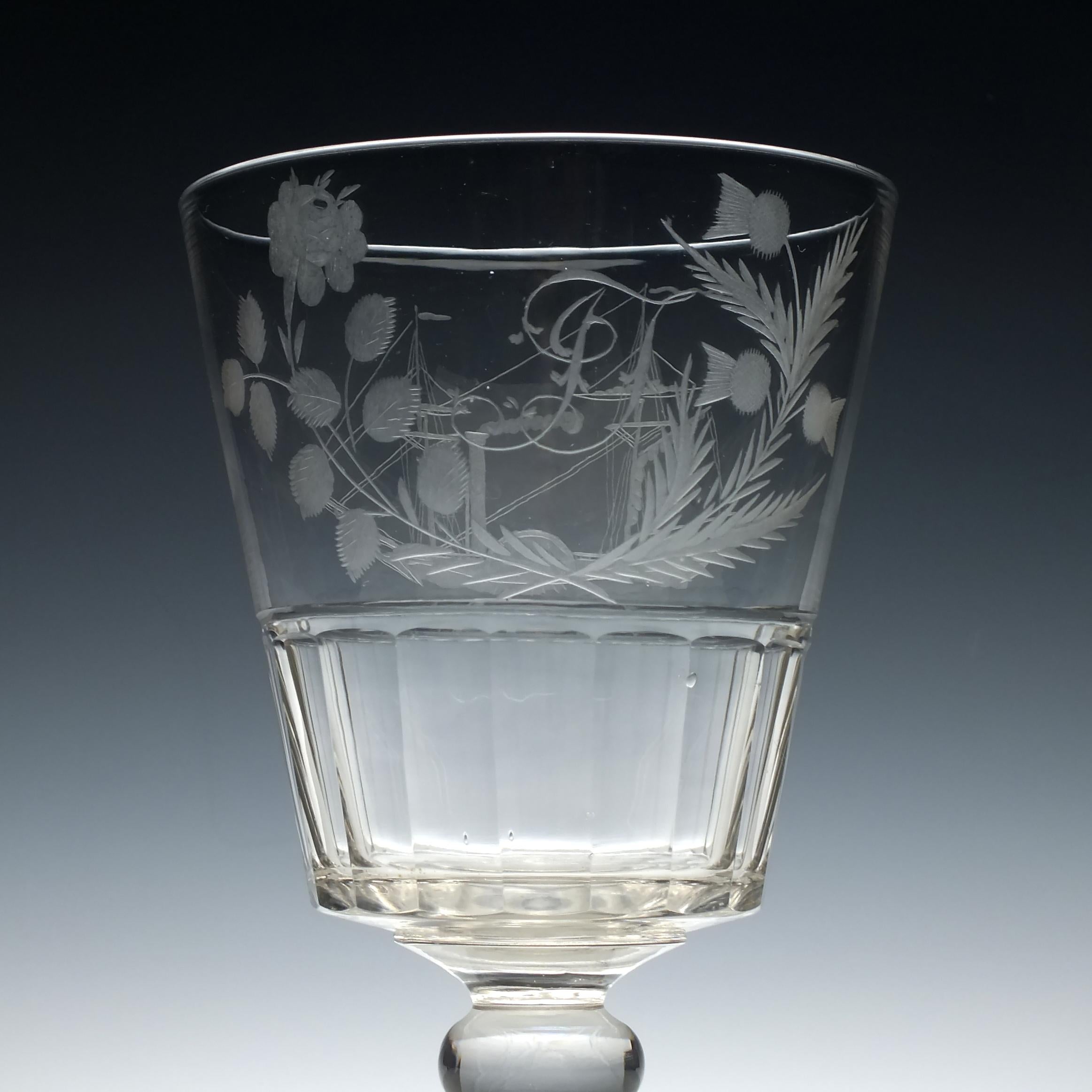 William IV Large 19th Century Glass Serving Rummer Engraved with Paddle Steamer, circa 1830 For Sale