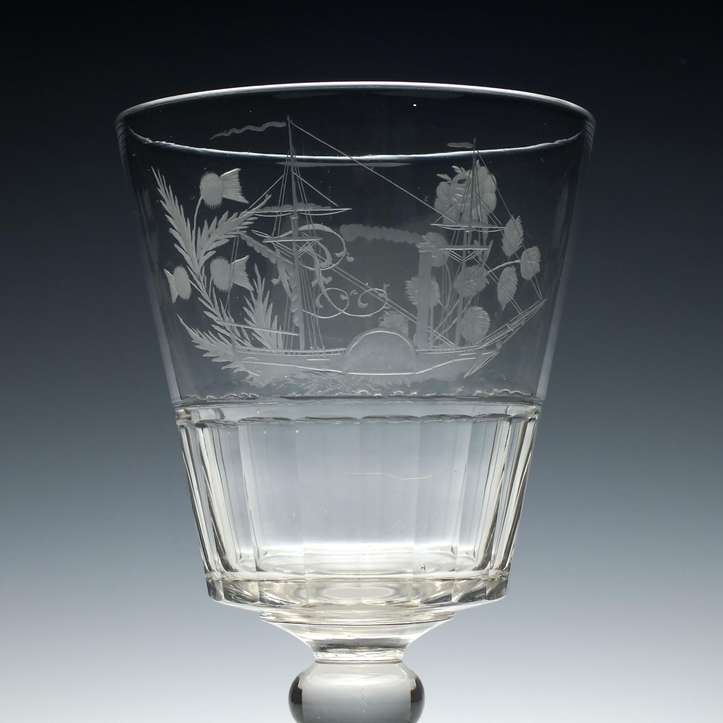 British Large 19th Century Glass Serving Rummer Engraved with Paddle Steamer, circa 1830 For Sale