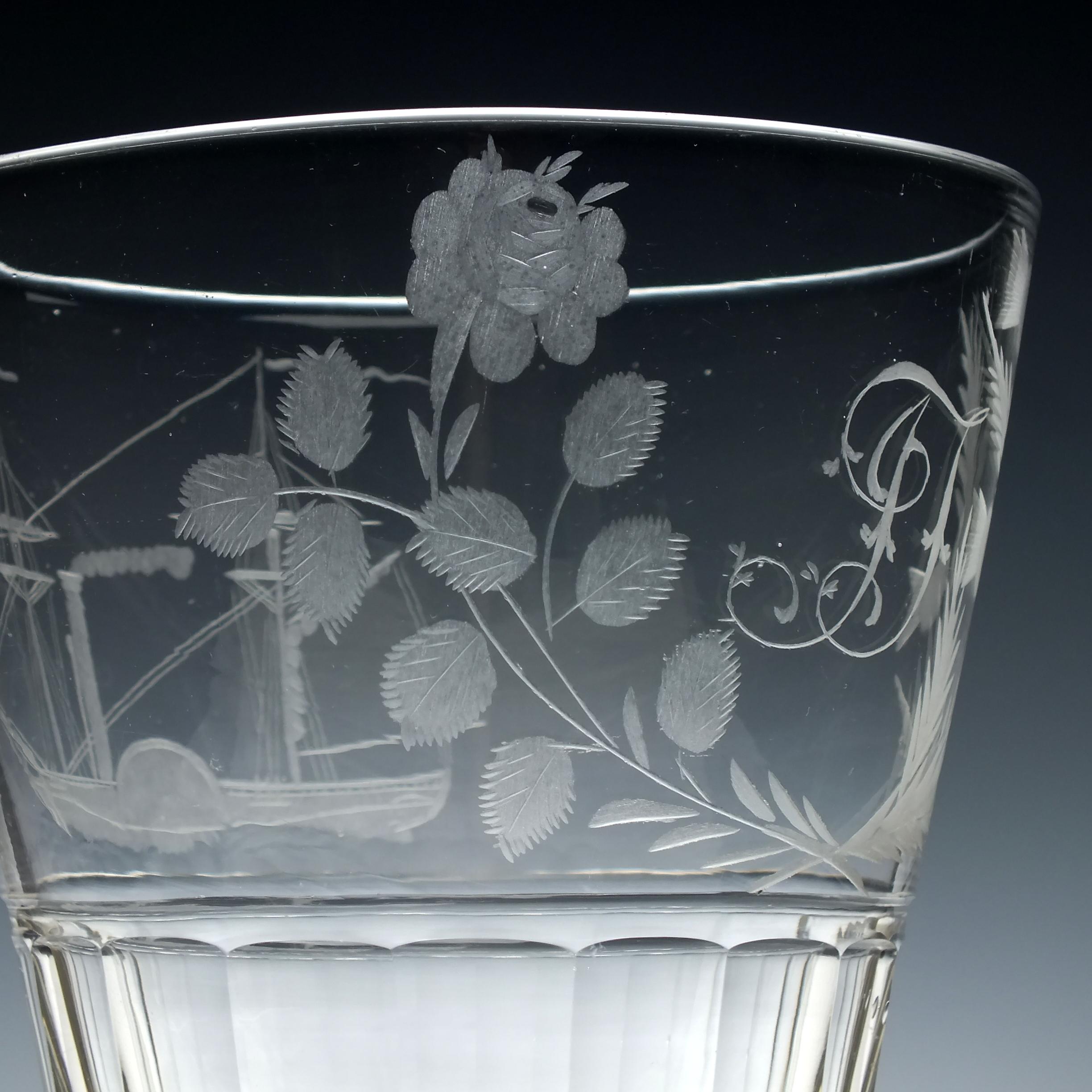 Large 19th Century Glass Serving Rummer Engraved with Paddle Steamer, circa 1830 In Good Condition For Sale In Whitburn, GB