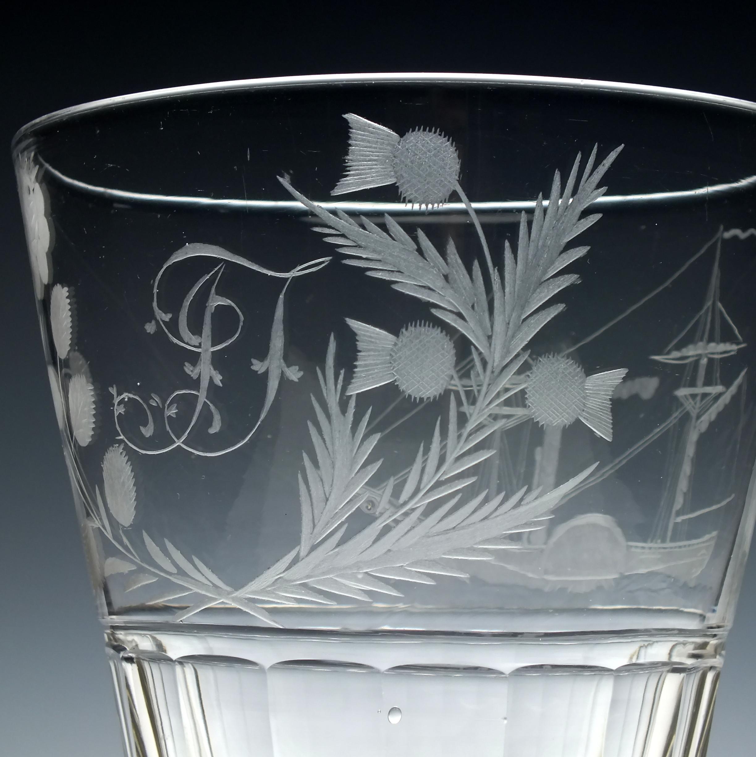 Mid-19th Century Large 19th Century Glass Serving Rummer Engraved with Paddle Steamer, circa 1830 For Sale
