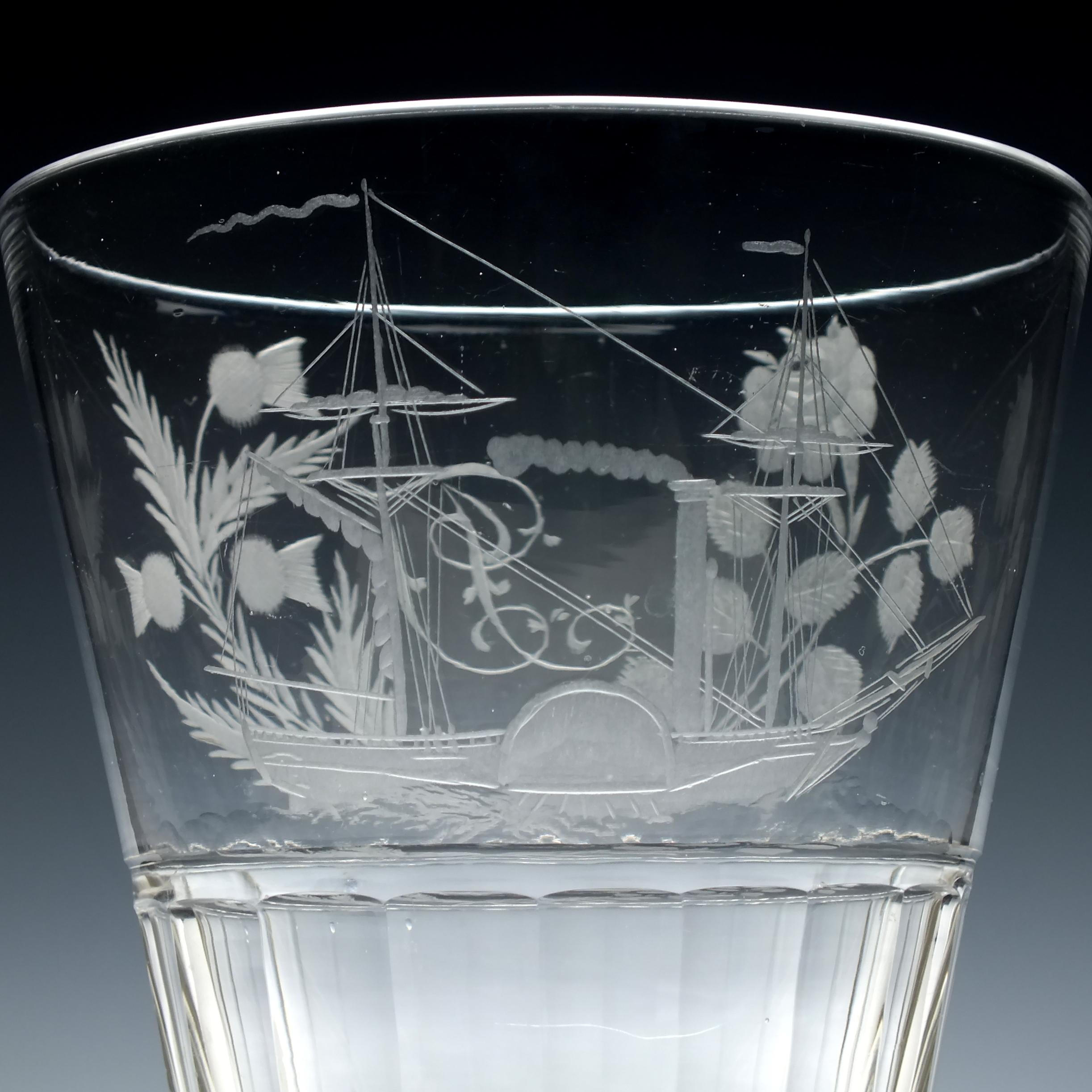 Large 19th Century Glass Serving Rummer Engraved with Paddle Steamer, circa 1830 For Sale 1
