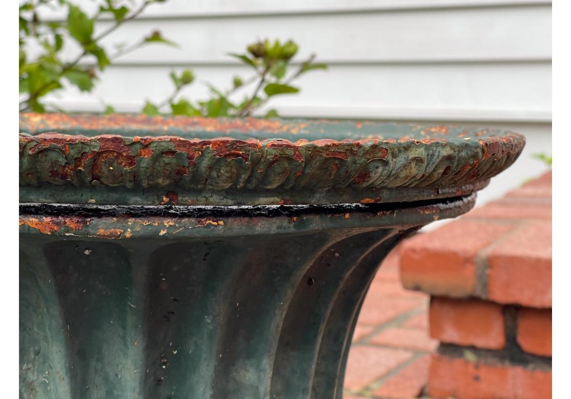A fine and large Painted Iron Garden Urn with classic form, fluted sides, footed base and detachable top ring. The Urn presents with enhancing signs of age including rusting and paint loss which does not detract from the particularly desirable