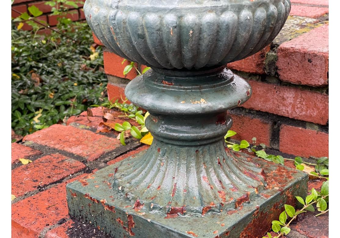 Large 19th Century Green Paint Garden Urn In Distressed Condition For Sale In Bridgeport, CT