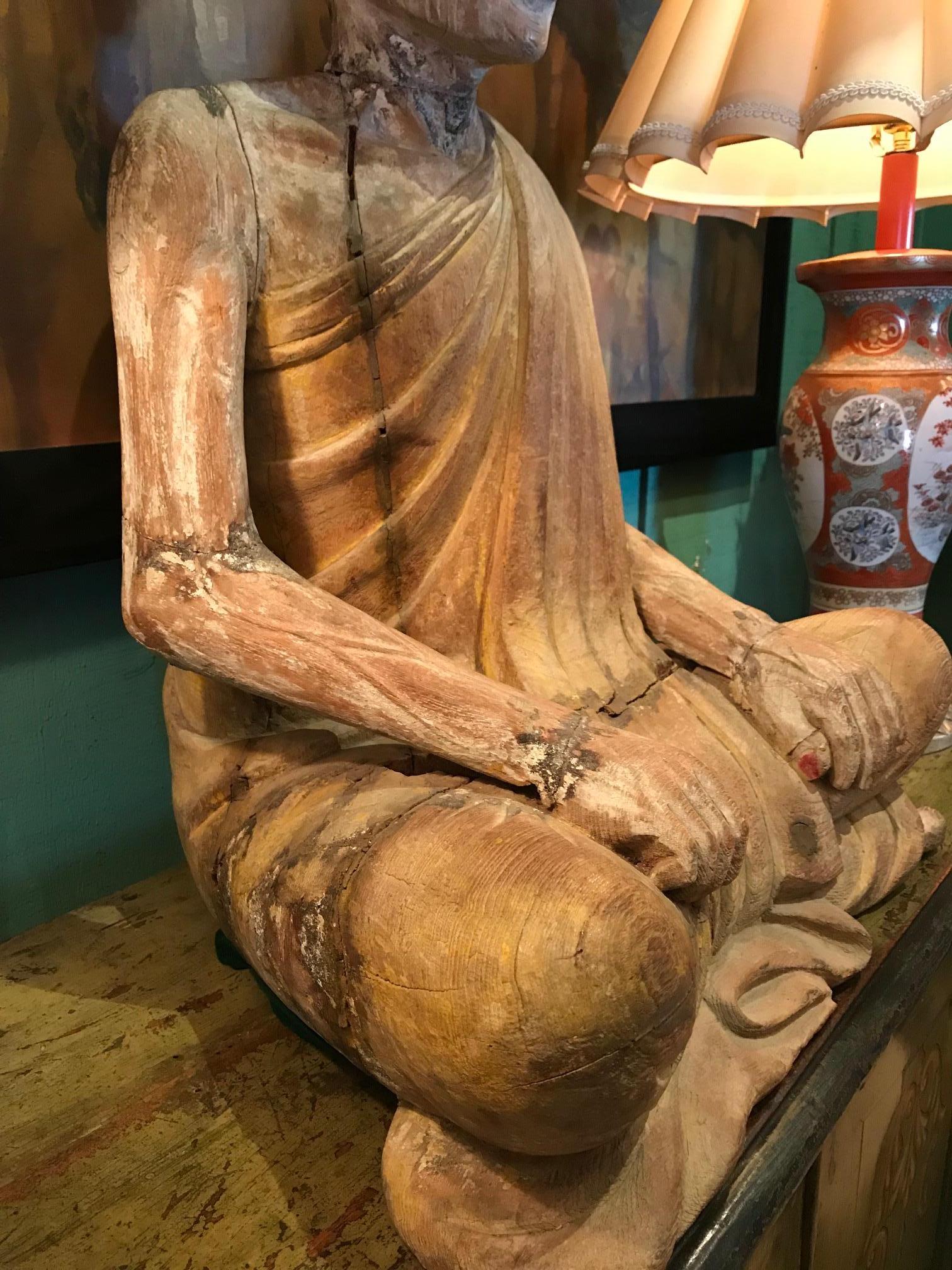 Unknown Large 19th Century Hand Carved Sculpture Seated Buddhist Monk Statue Antiques LA