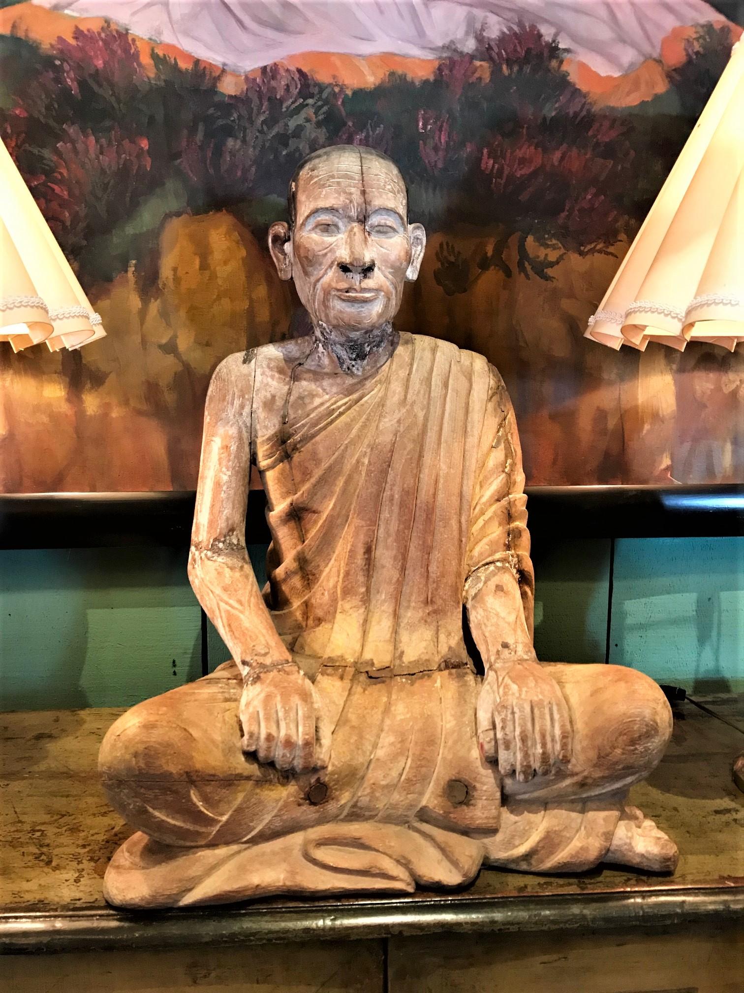 Hand-Carved Large 19th Century Hand Carved Sculpture Seated Buddhist Monk Statue Antiques LA