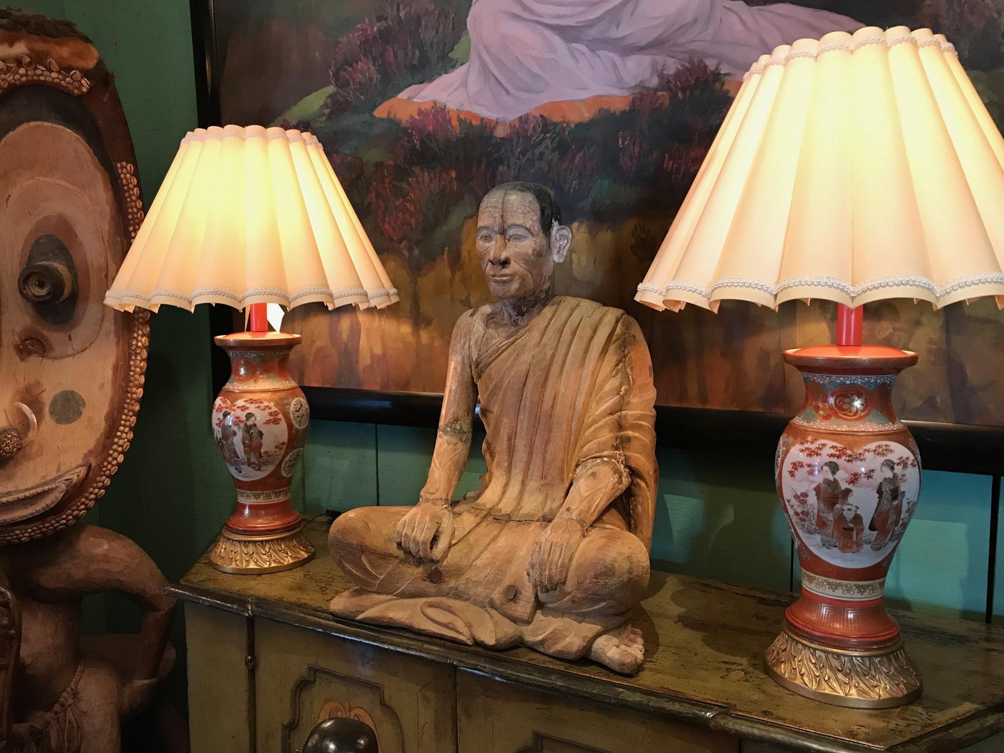 Large 19th Century Hand Carved Sculpture Seated Buddhist Monk Statue Antiques LA In Good Condition In West Hollywood, CA