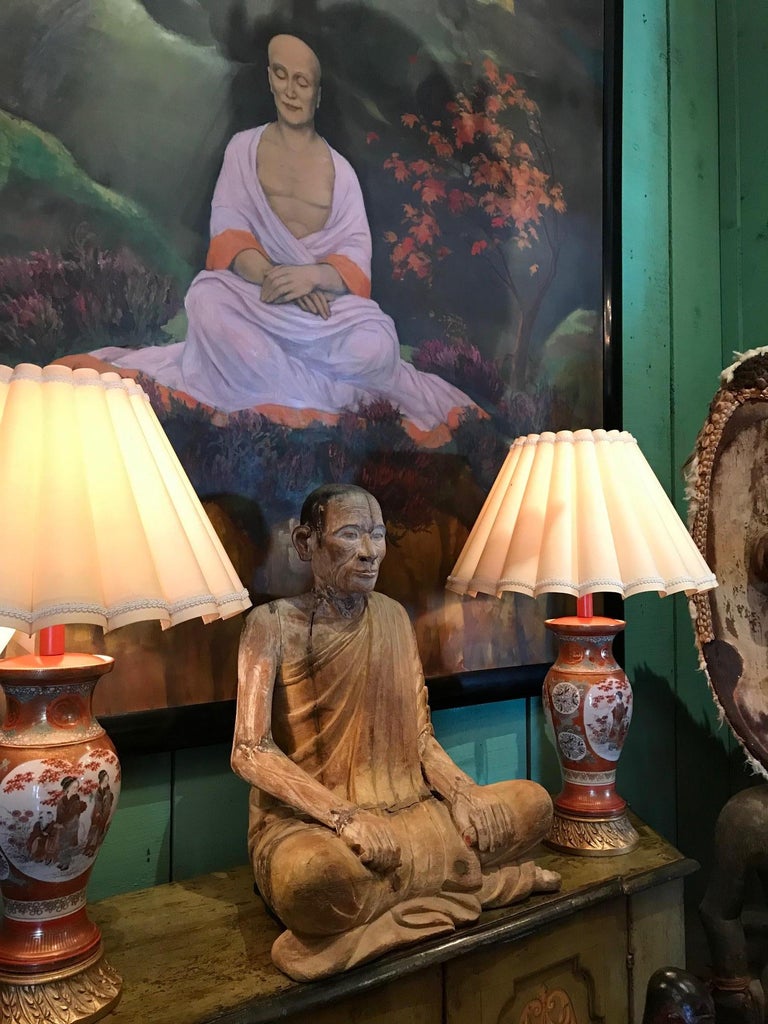 Large 19th Century Hand Carved Sculpture Seated Buddhist Monk Statue