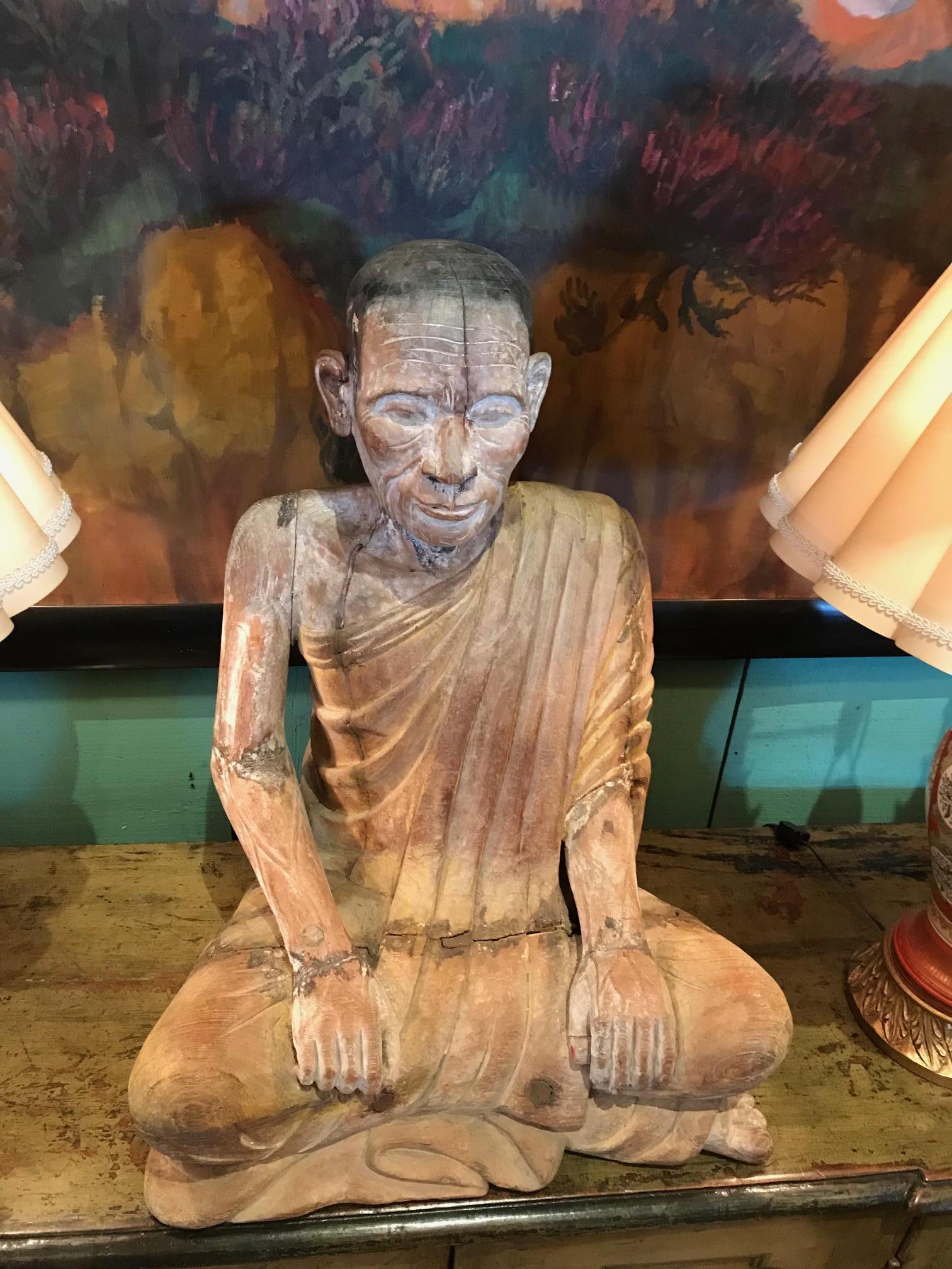 Large 19th Century Hand Carved Sculpture Seated Buddhist Monk Statue Antiques LA 2