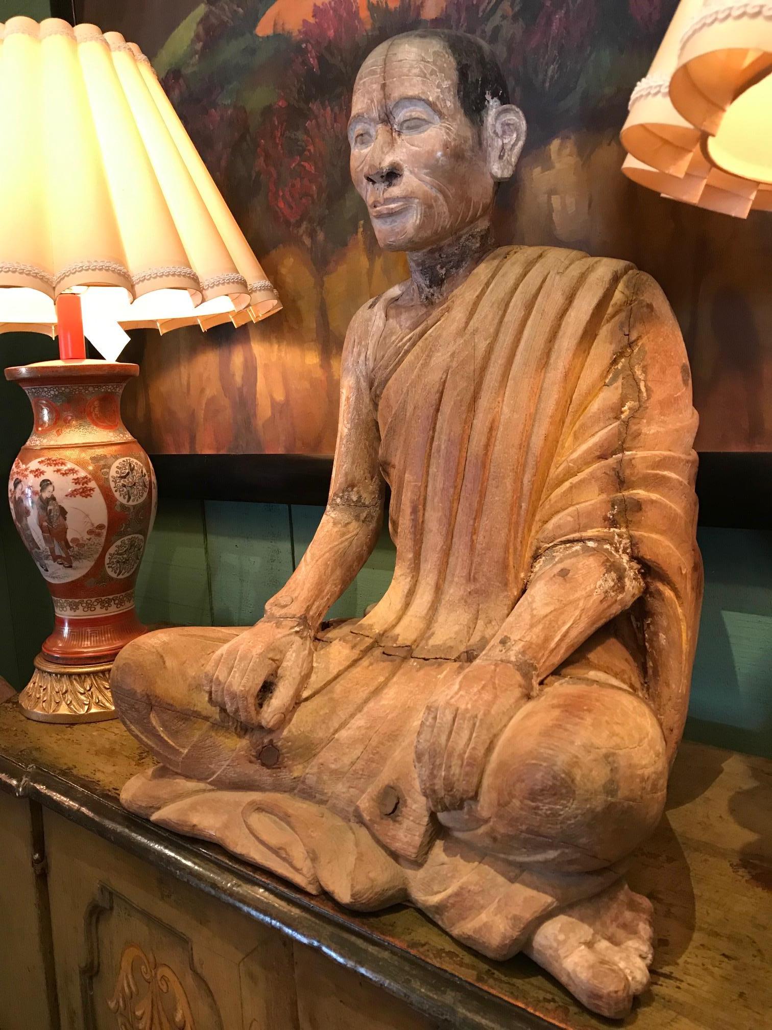 Large 19th Century Hand Carved Sculpture Seated Buddhist Monk Statue Antiques LA 3