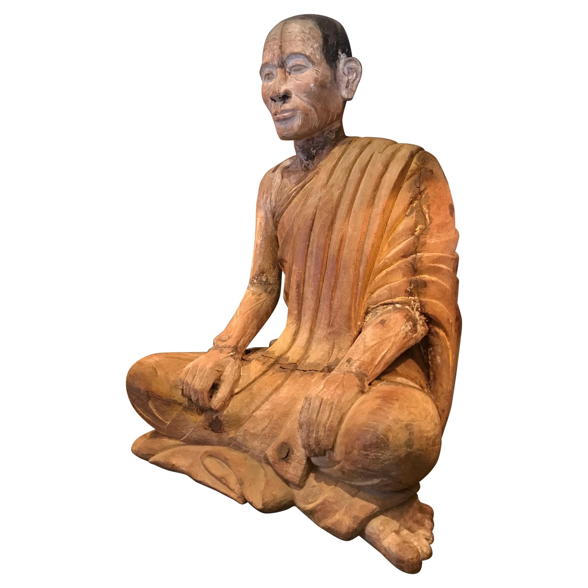 Large 19th Century Hand Carved Sculpture Seated Buddhist Monk Statue Antiques LA