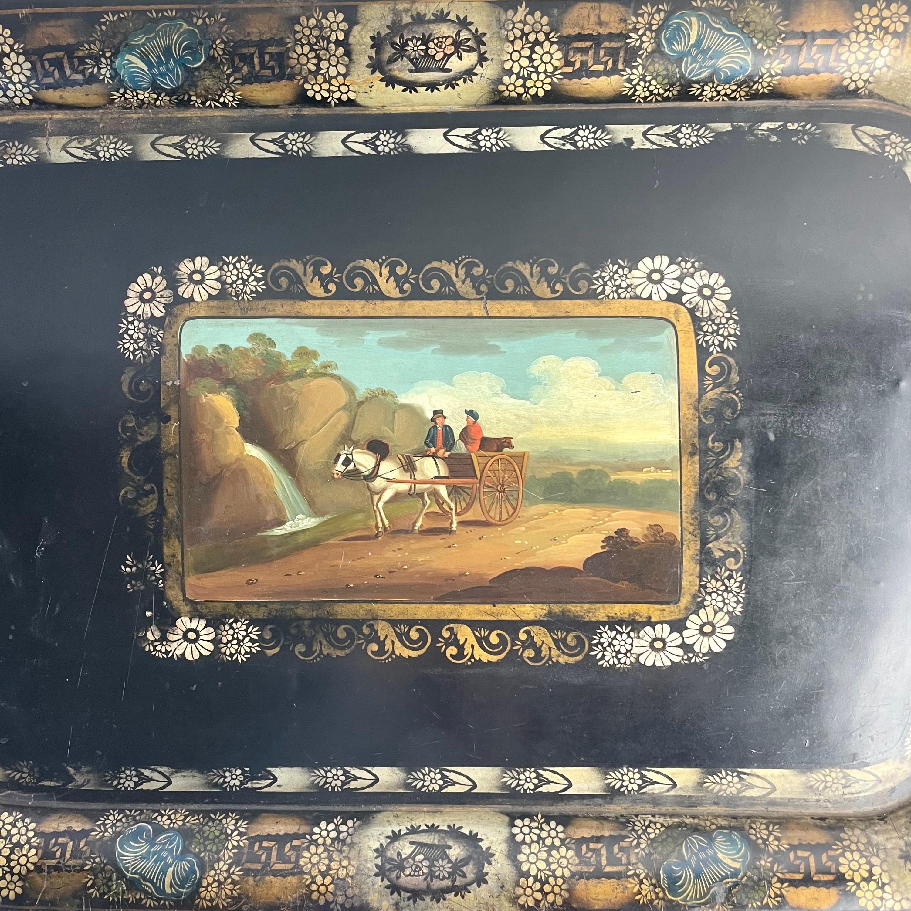 European Large 19th Century Hand-Painted Tôle Tray with Naïve Scene and Floral Details For Sale