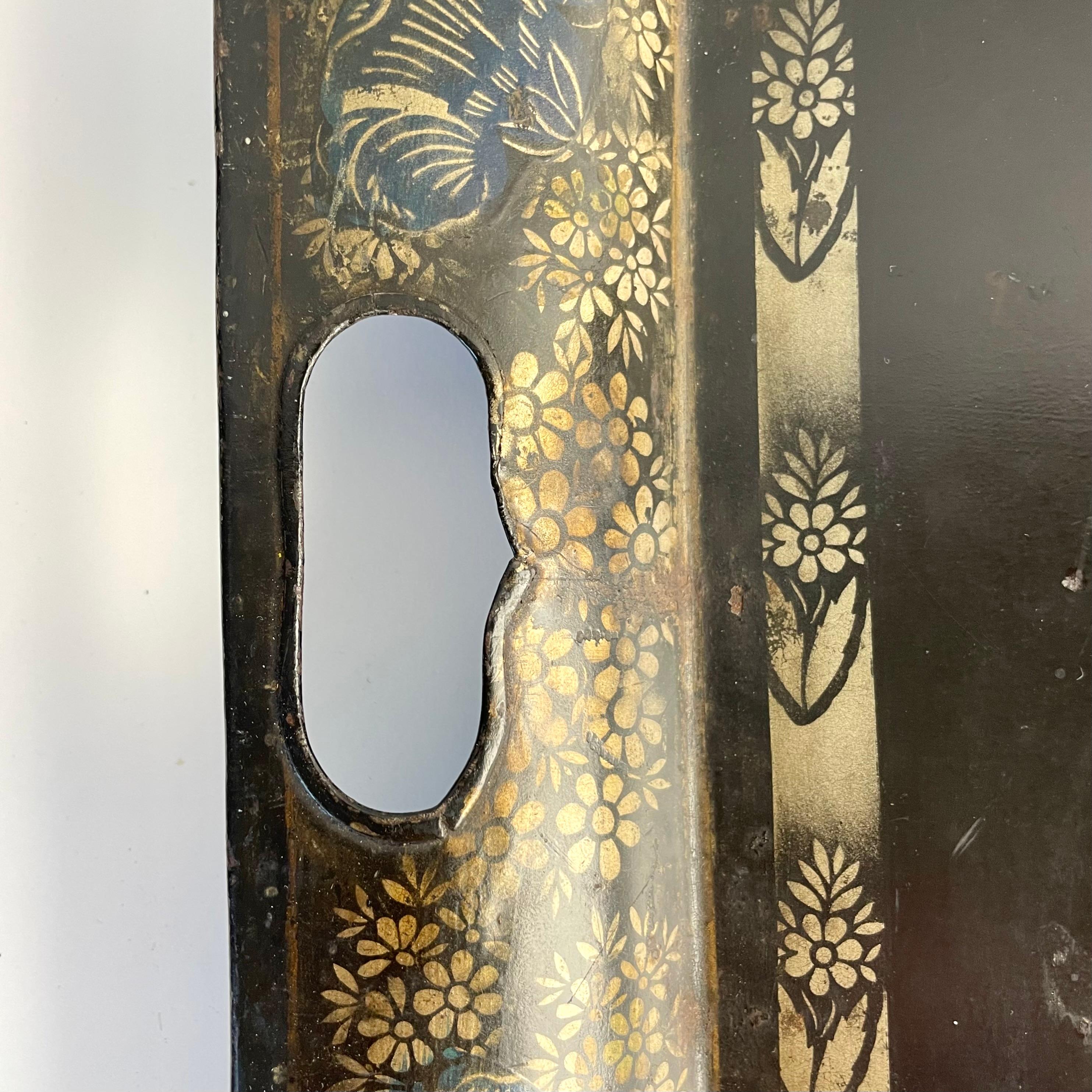 Sheet Metal Large 19th Century Hand-Painted Tôle Tray with Naïve Scene and Floral Details For Sale