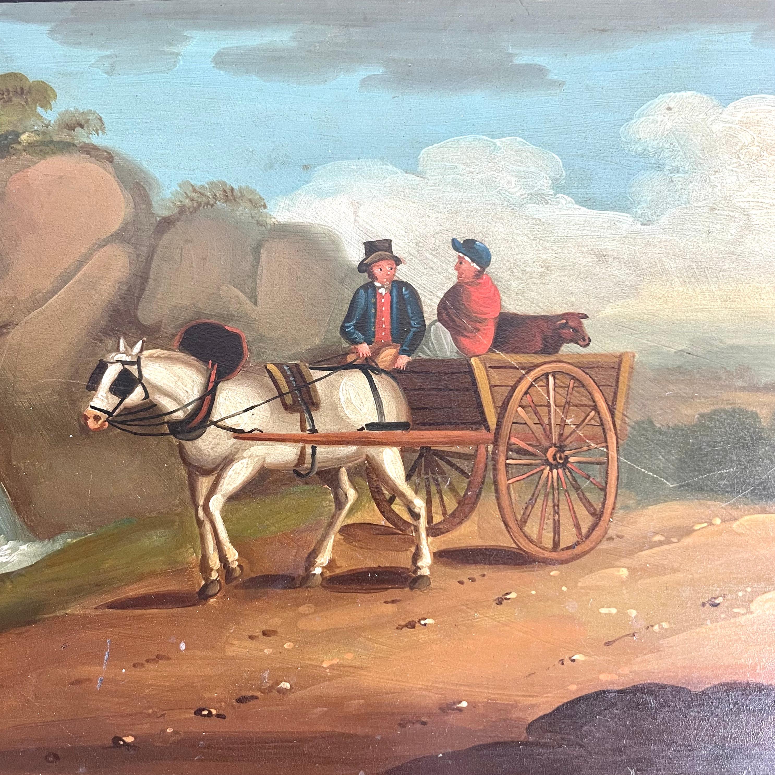 Large 19th Century Hand-Painted Tôle Tray with Naïve Scene and Floral Details For Sale 1