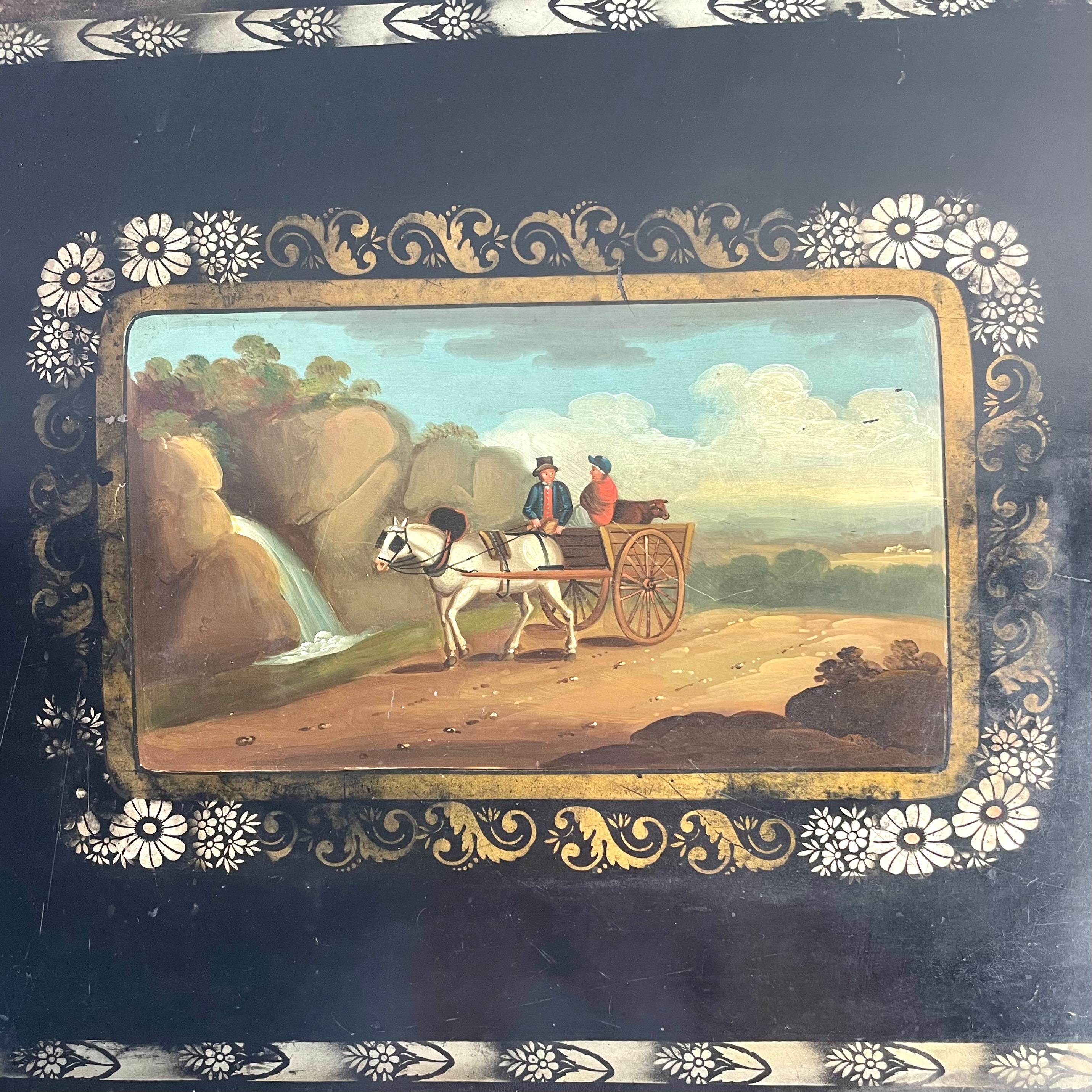 Large 19th Century Hand-Painted Tôle Tray with Naïve Scene and Floral Details For Sale 2