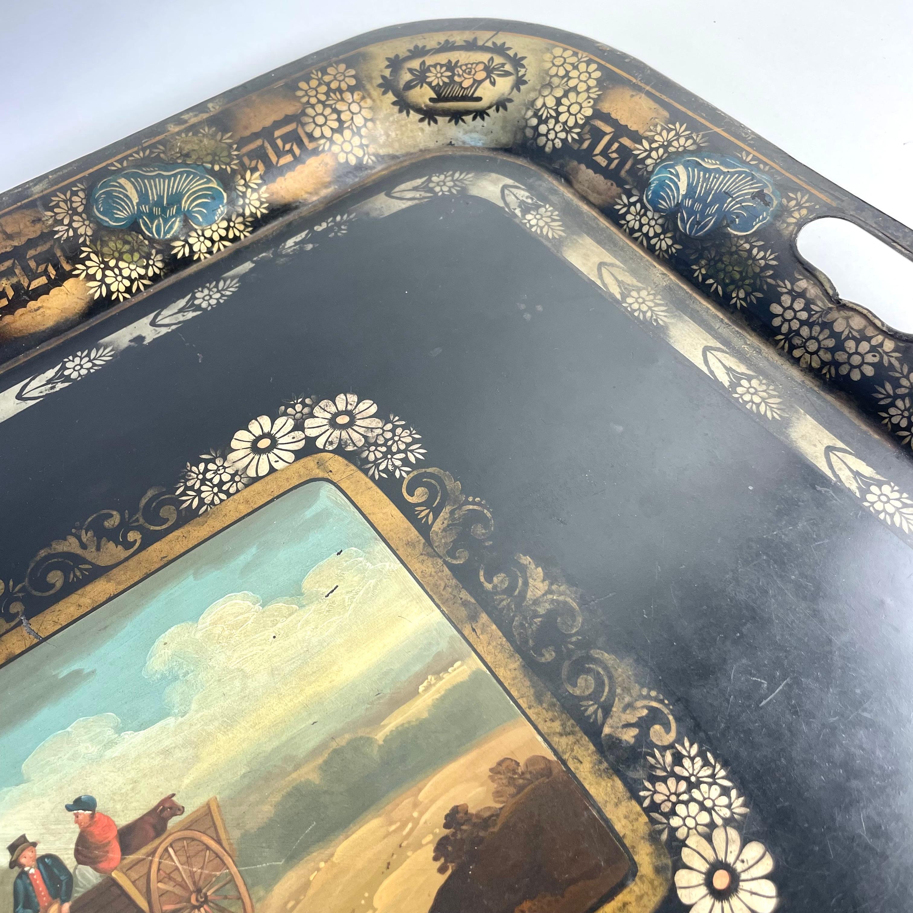 Large 19th Century Hand-Painted Tôle Tray with Naïve Scene and Floral Details For Sale 3