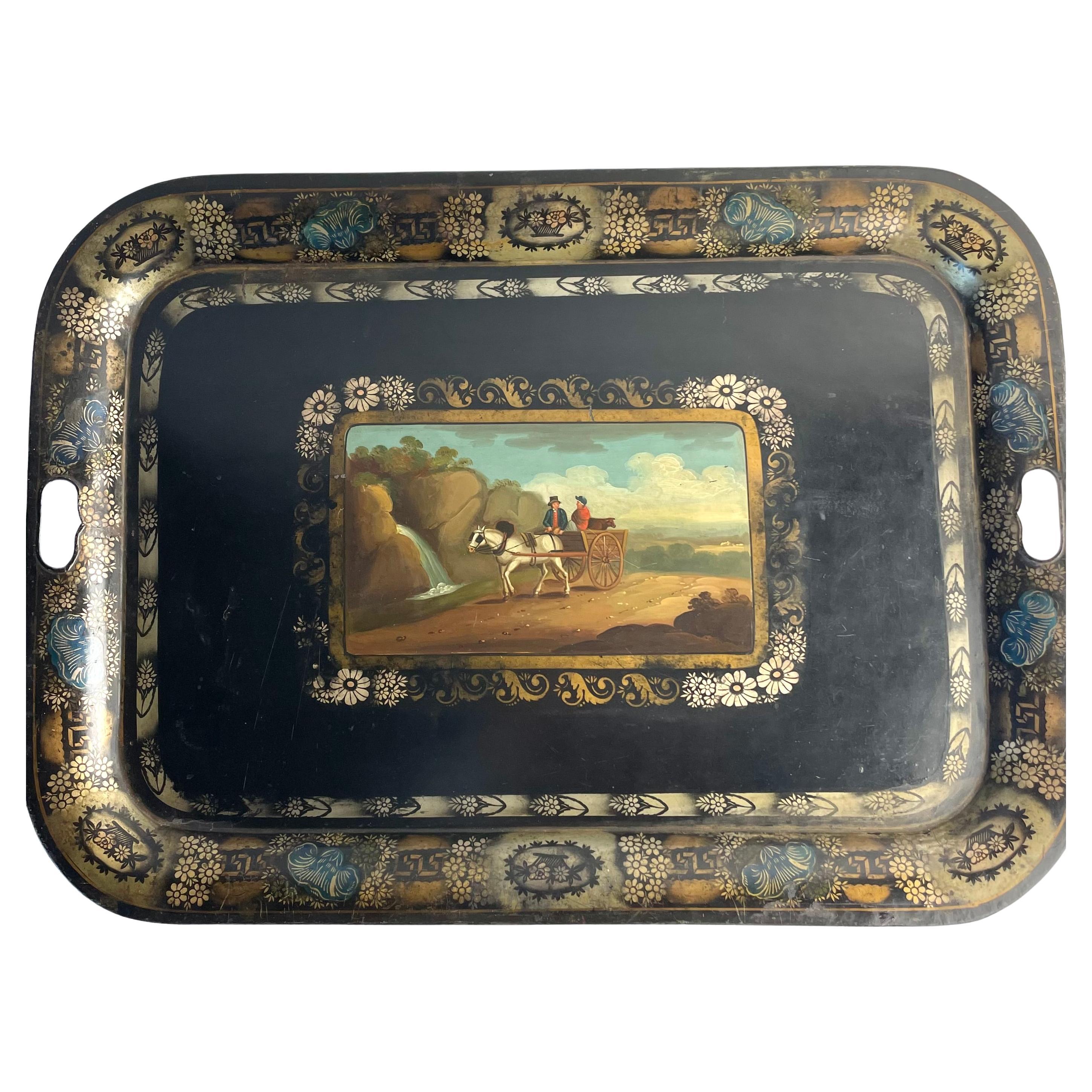 Large 19th Century Hand-Painted Tôle Tray with Naïve Scene and Floral Details For Sale