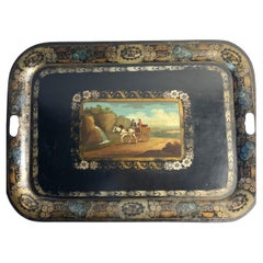 Large 19th Century Hand-Painted Tôle Tray with Naïve Scene and Floral Details