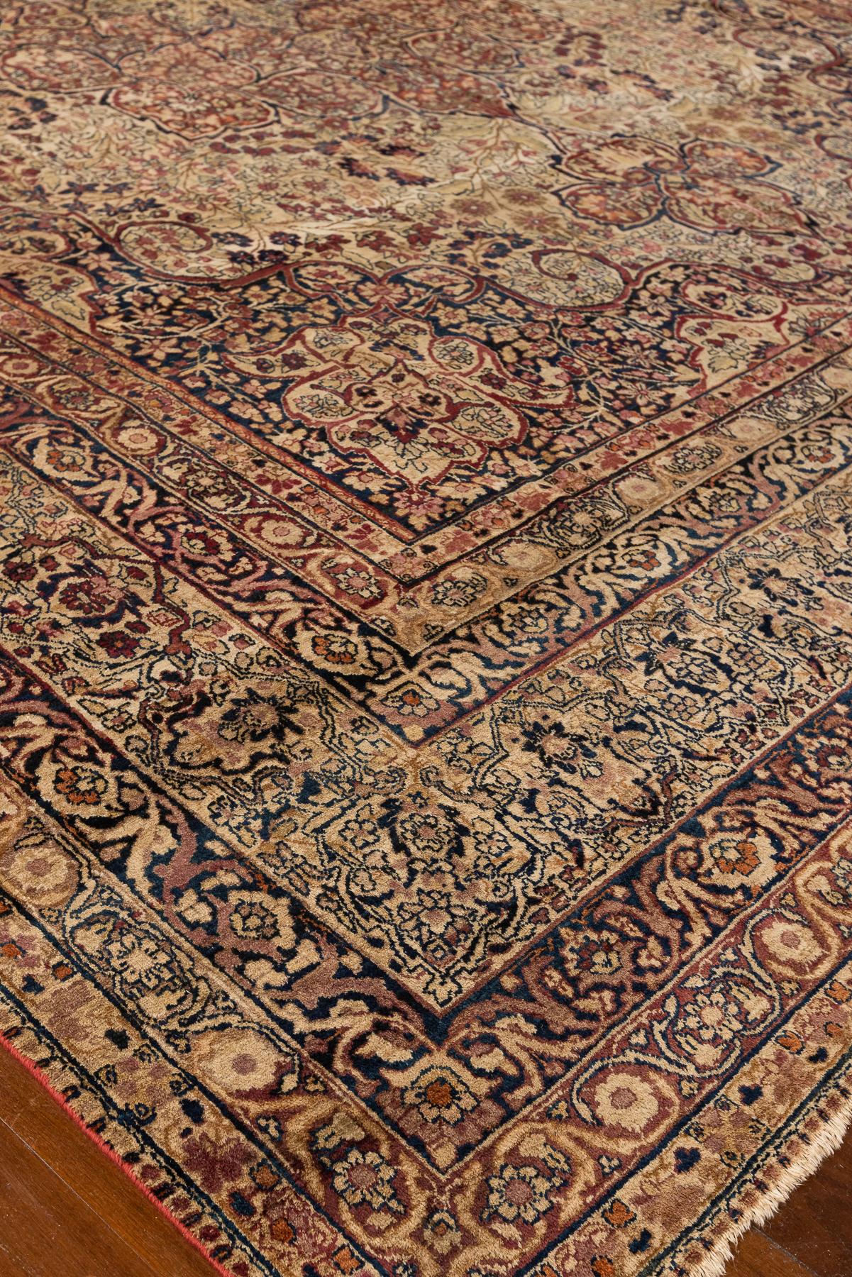 Hand-Knotted Large 19th Century Handwoven Kerman Lavar Carpet in Soft Earth and Rose Tones For Sale