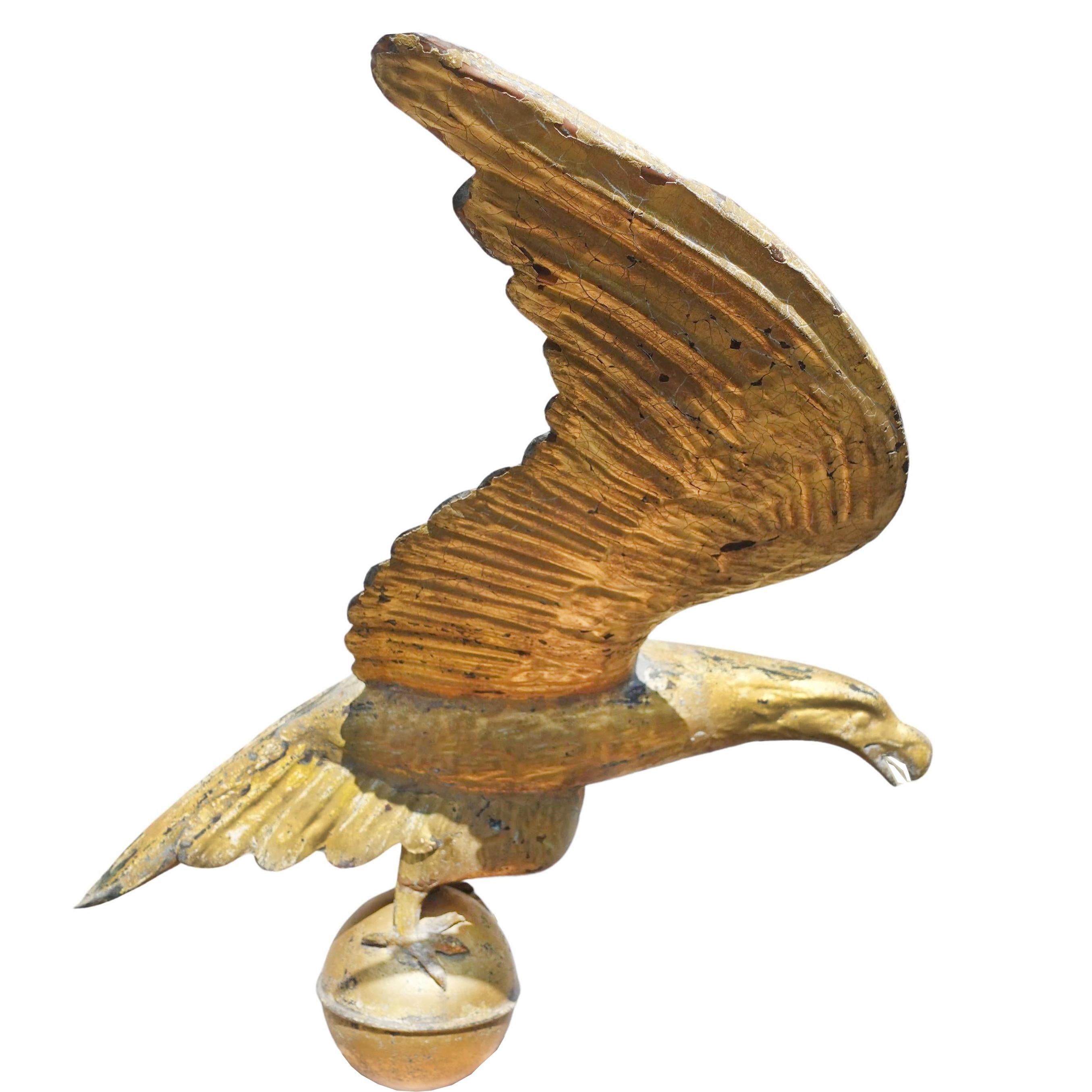 Large 19th century Hollow Body Gilt Eagle Weather Vane

Anonymous
Late 19th century; probably New England area, USA 
Gilt Copper

Approximate size: 23 (h) x 16.5 (w) x 24 (d) in.

This full bodied moulded gilt copper eagle weather vane is a splendid