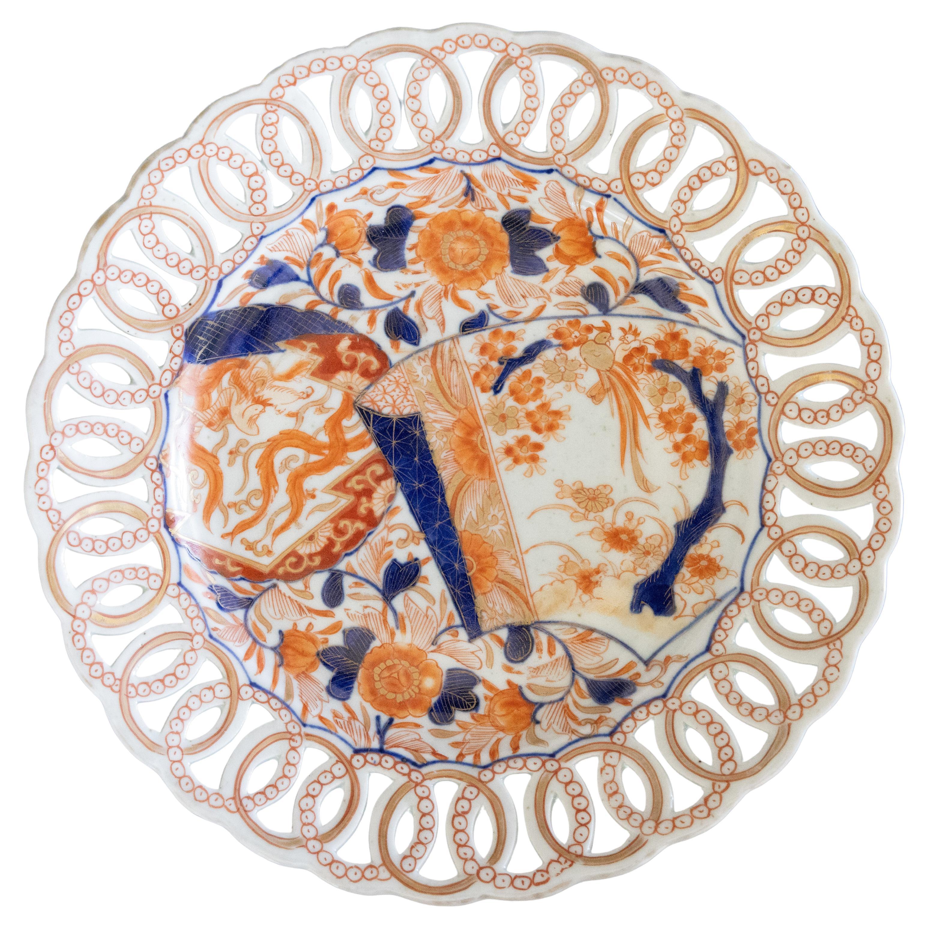 Large 19th Century Imari Plate With Reticulated Open Pierced Rim For Sale