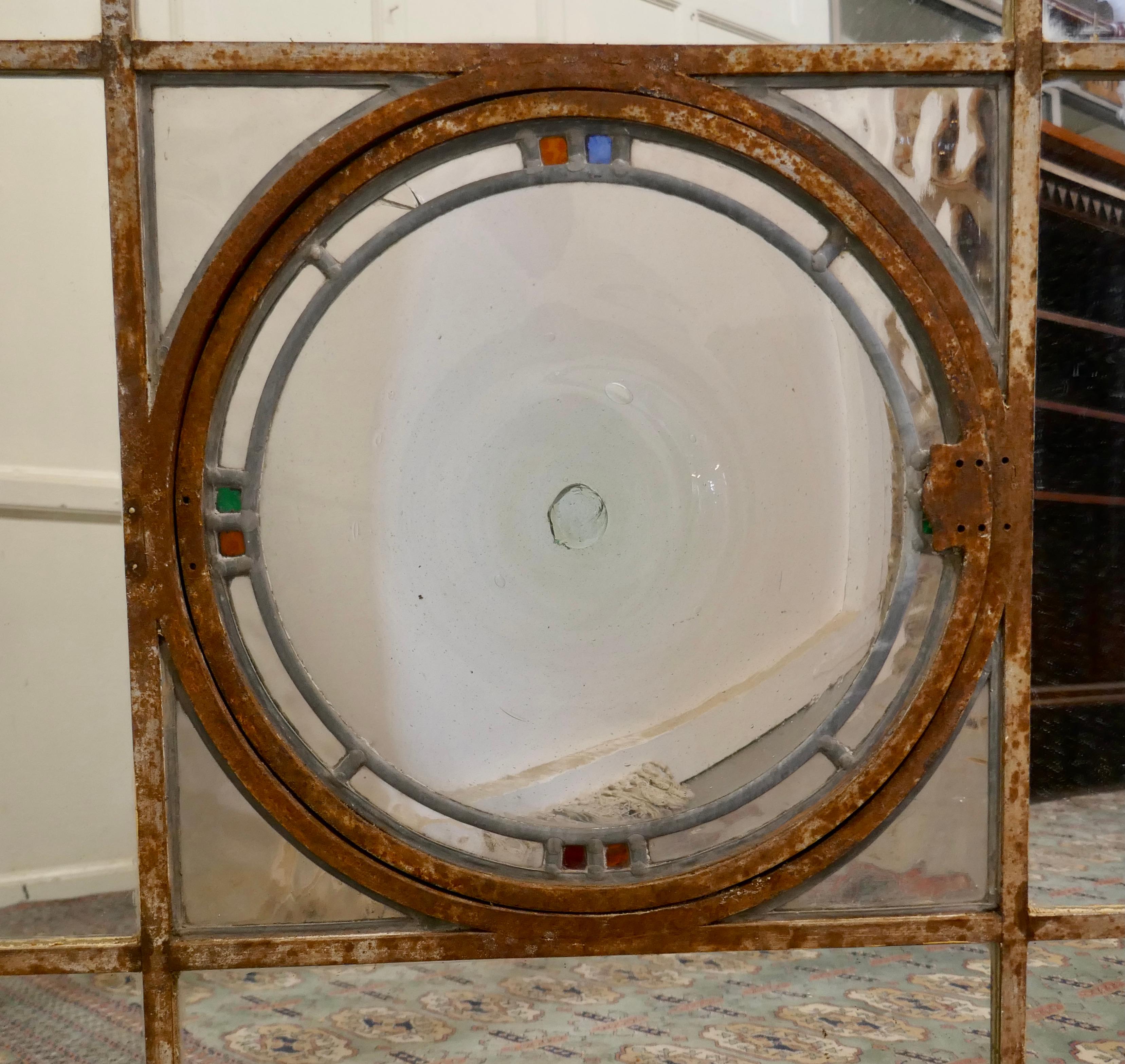 19th Century Industrial Square Window Mirror with Central Leaded Bottle Glass Opening For Sale