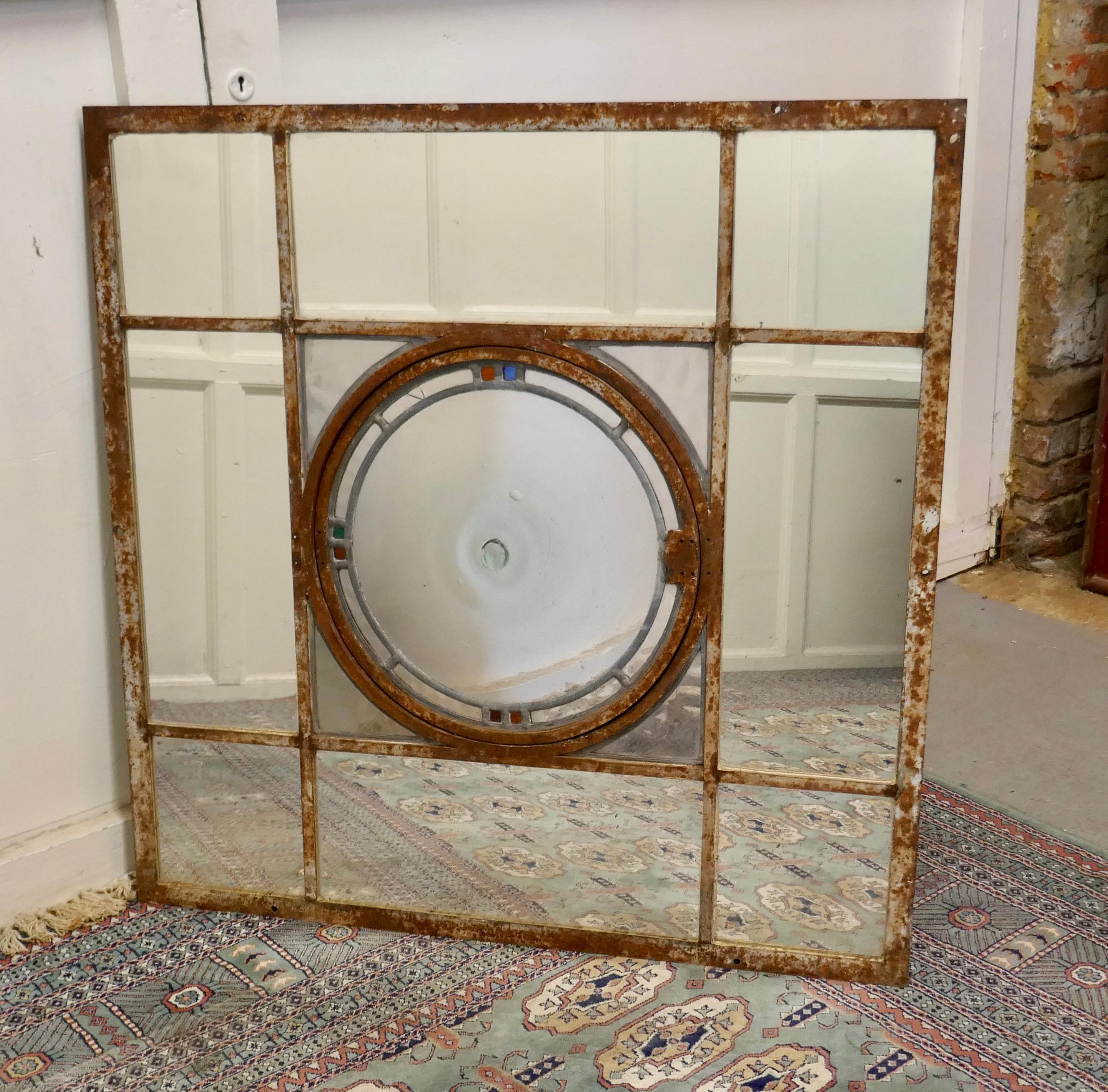 Stained Glass Industrial Square Window Mirror with Central Leaded Bottle Glass Opening For Sale